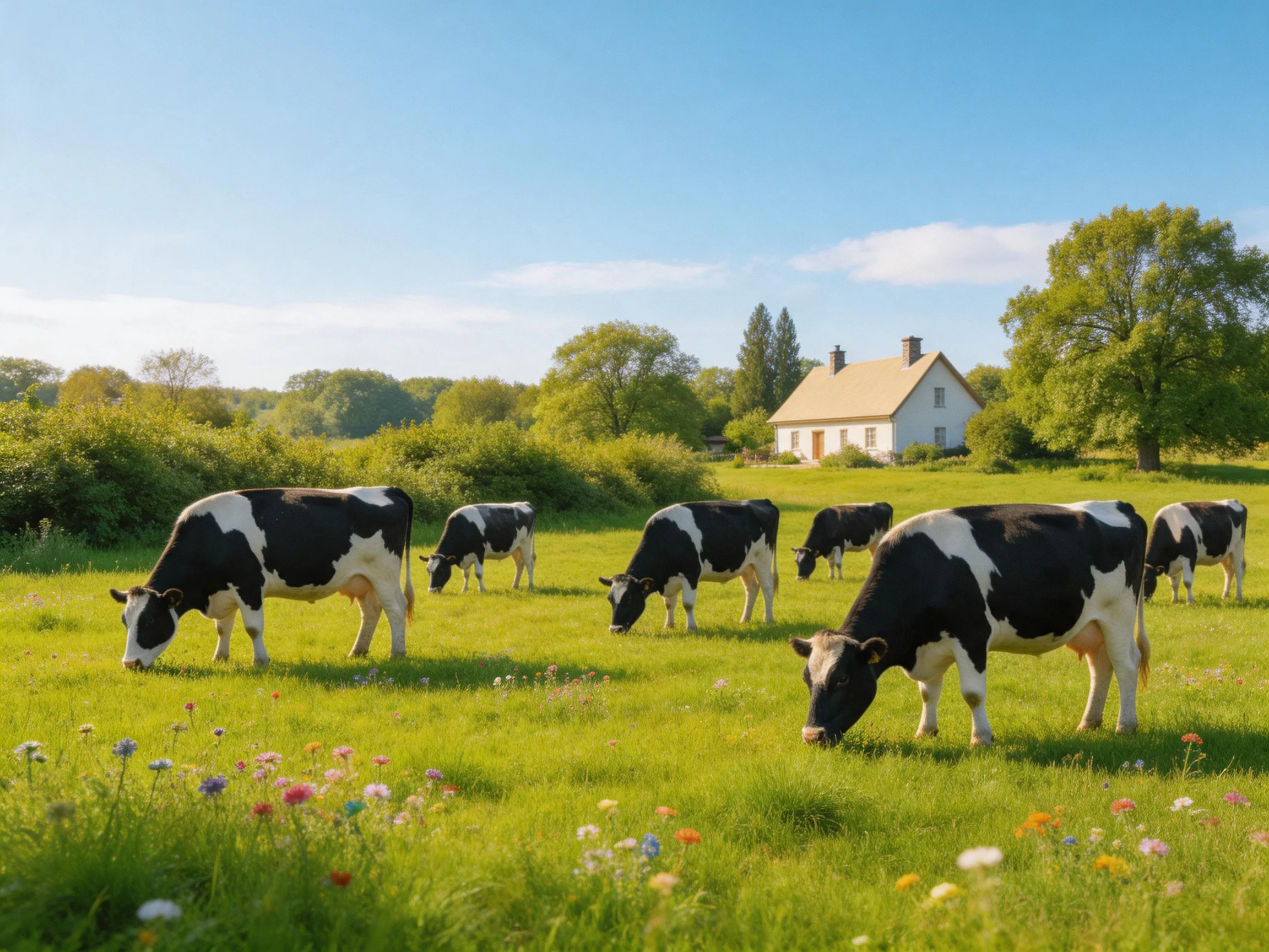 Six black-and-white cows graze in a lush green pasture near a white farmhouse
