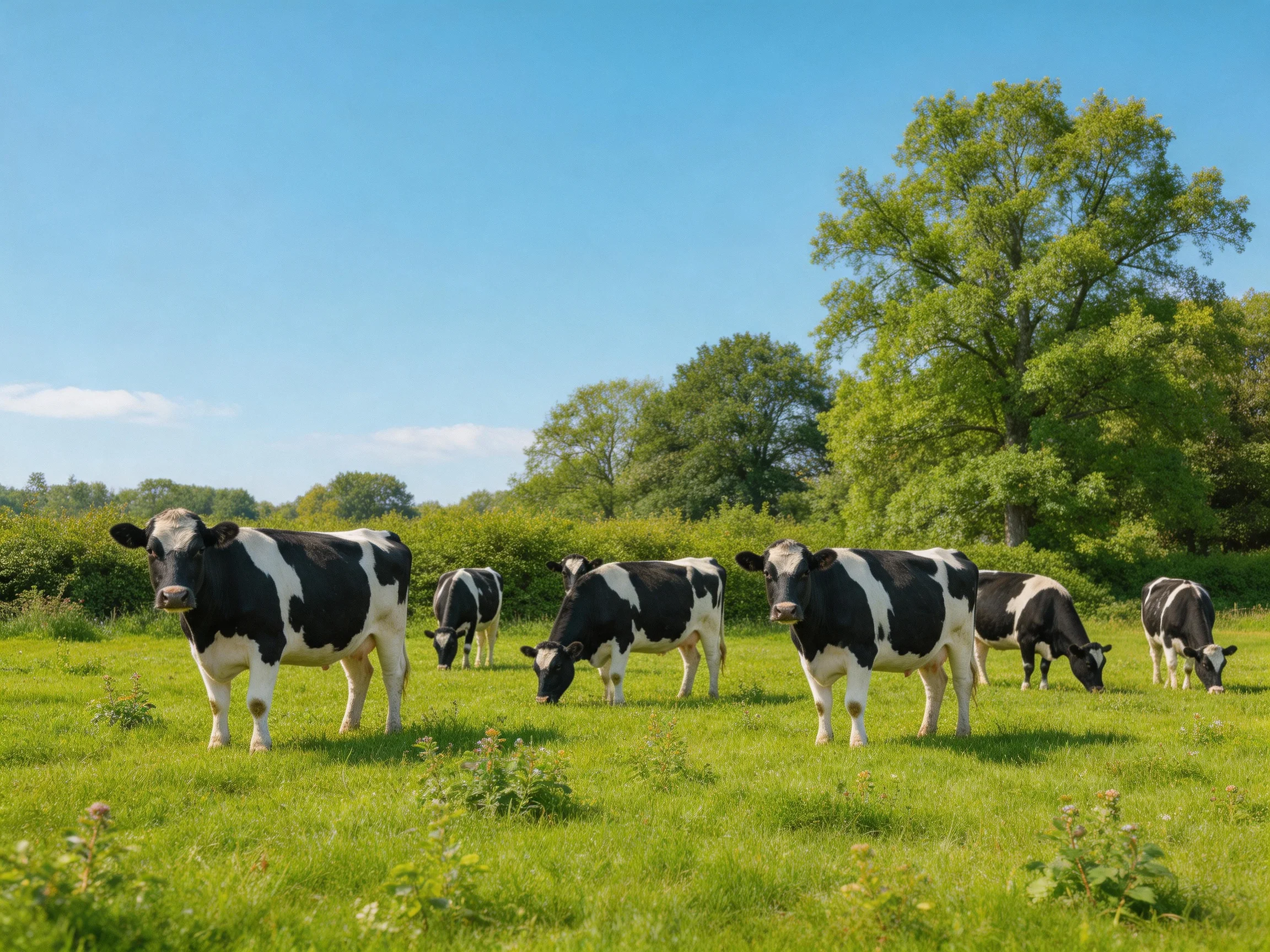 Six black-and-white cows graze in a lush green pasture near tall trees