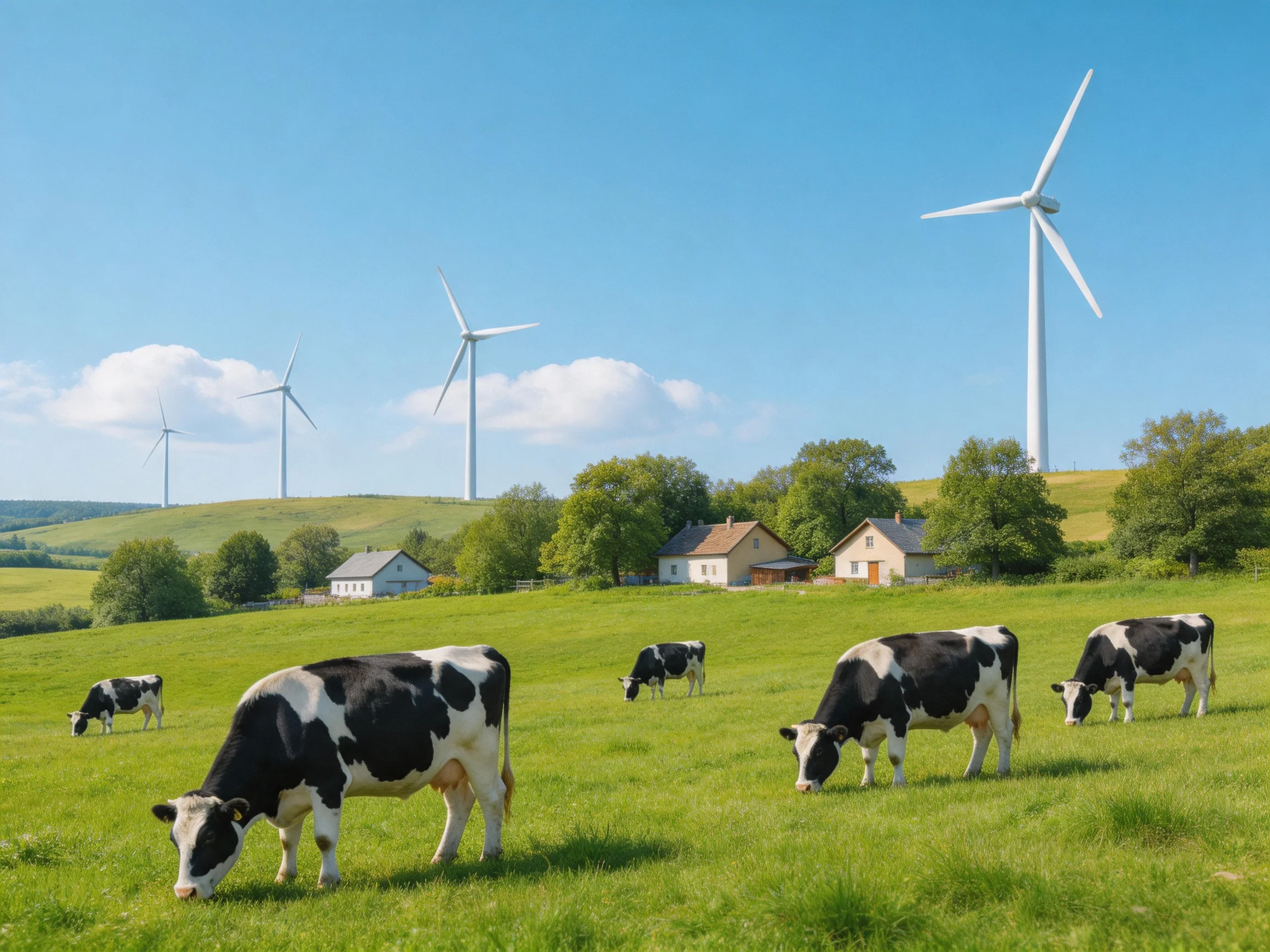 Cows graze in a green pasture with wind turbines and farmhouses in the background.