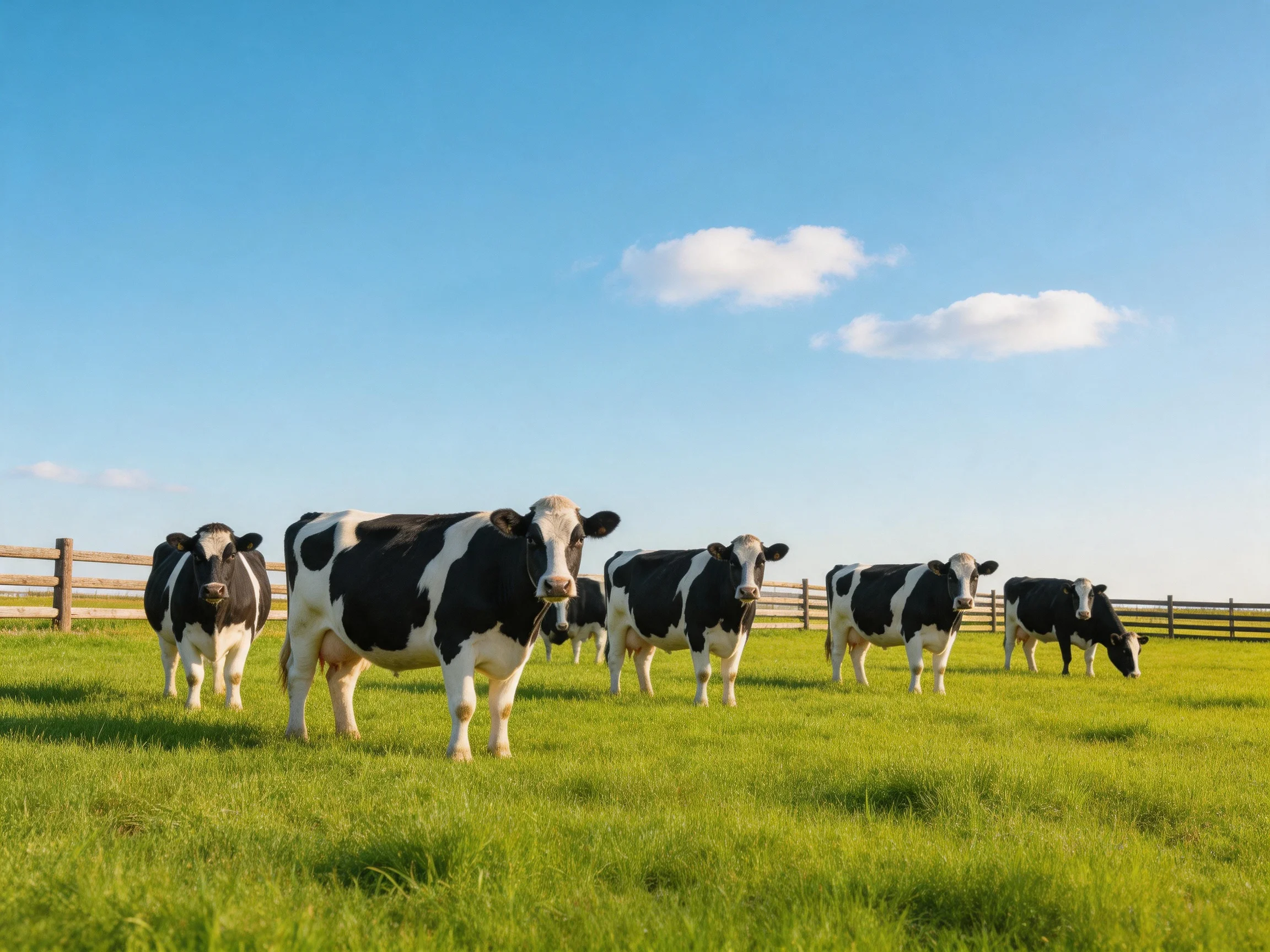 Six black-and-white cows graze in a lush green pasture under a bright blue sky