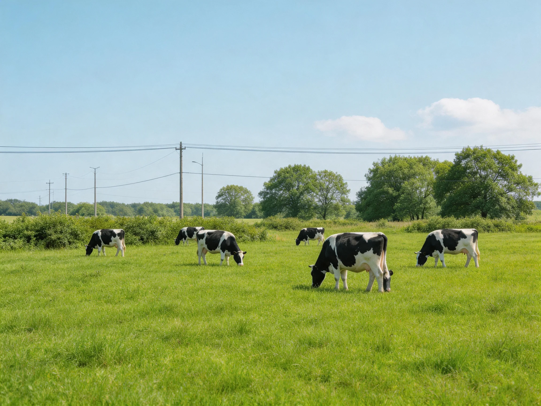 Six black-and-white cows graze in a sunlit green pasture.