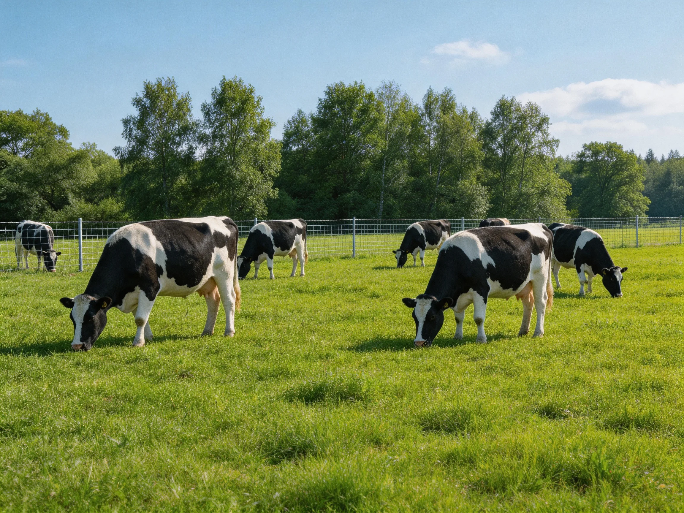 Six black-and-white cows graze in a sunny fenced pasture near trees.