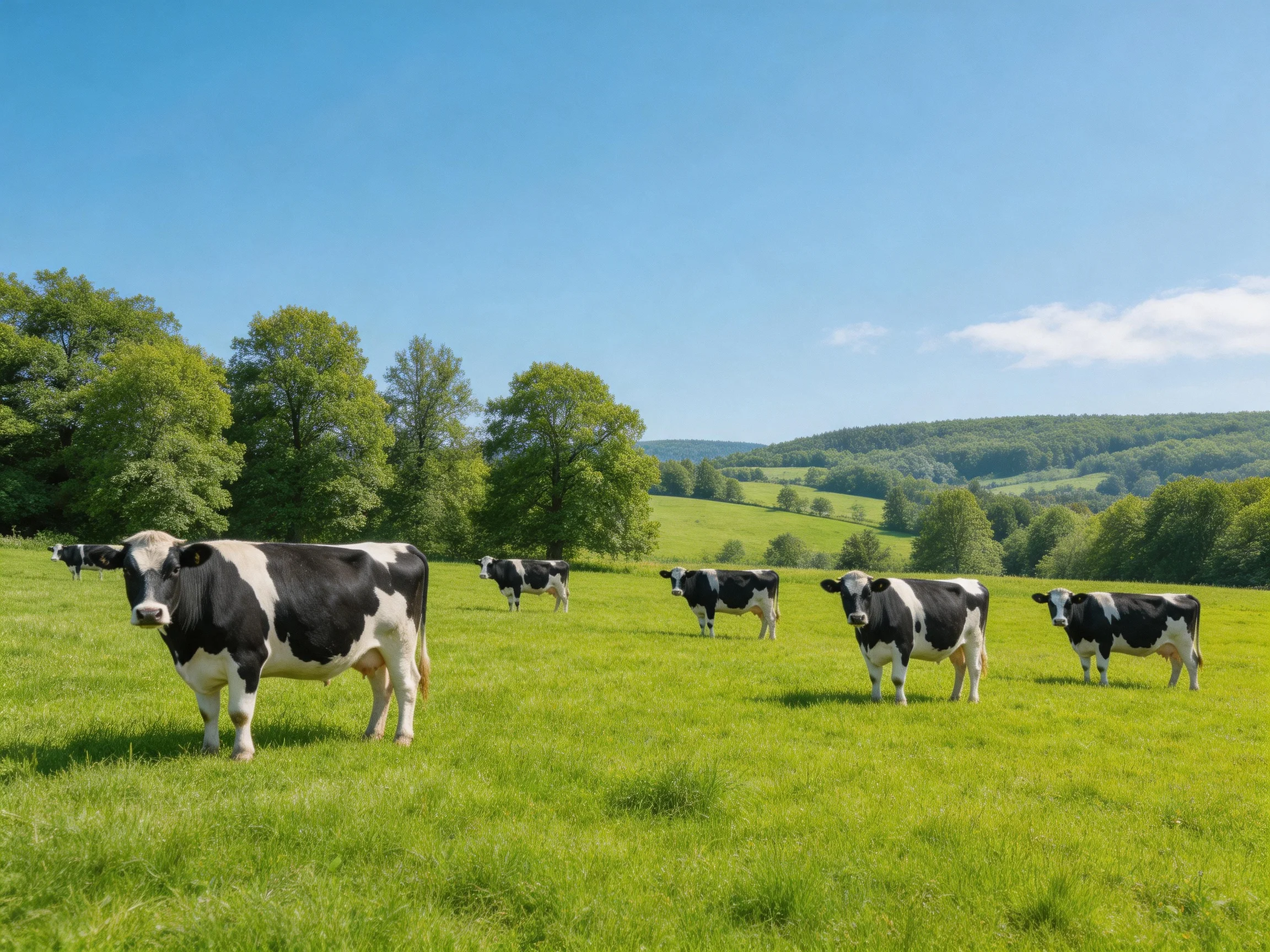 Six black-and-white cows graze in a lush green pasture with rolling hills