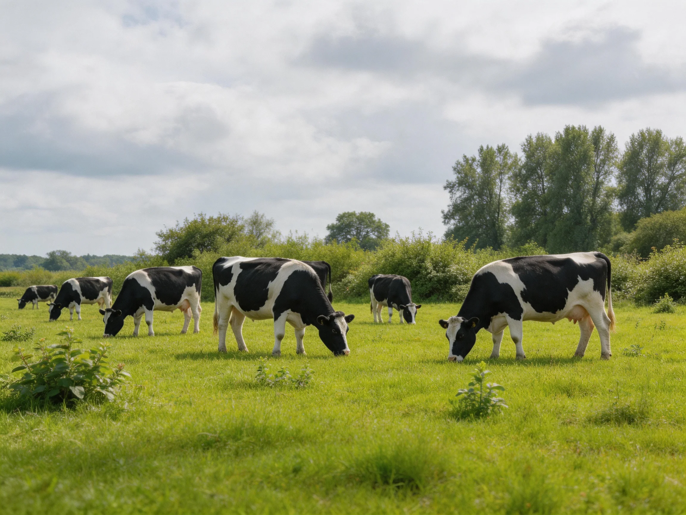 Six black - and - white cows graze in a sunlit green pasture.