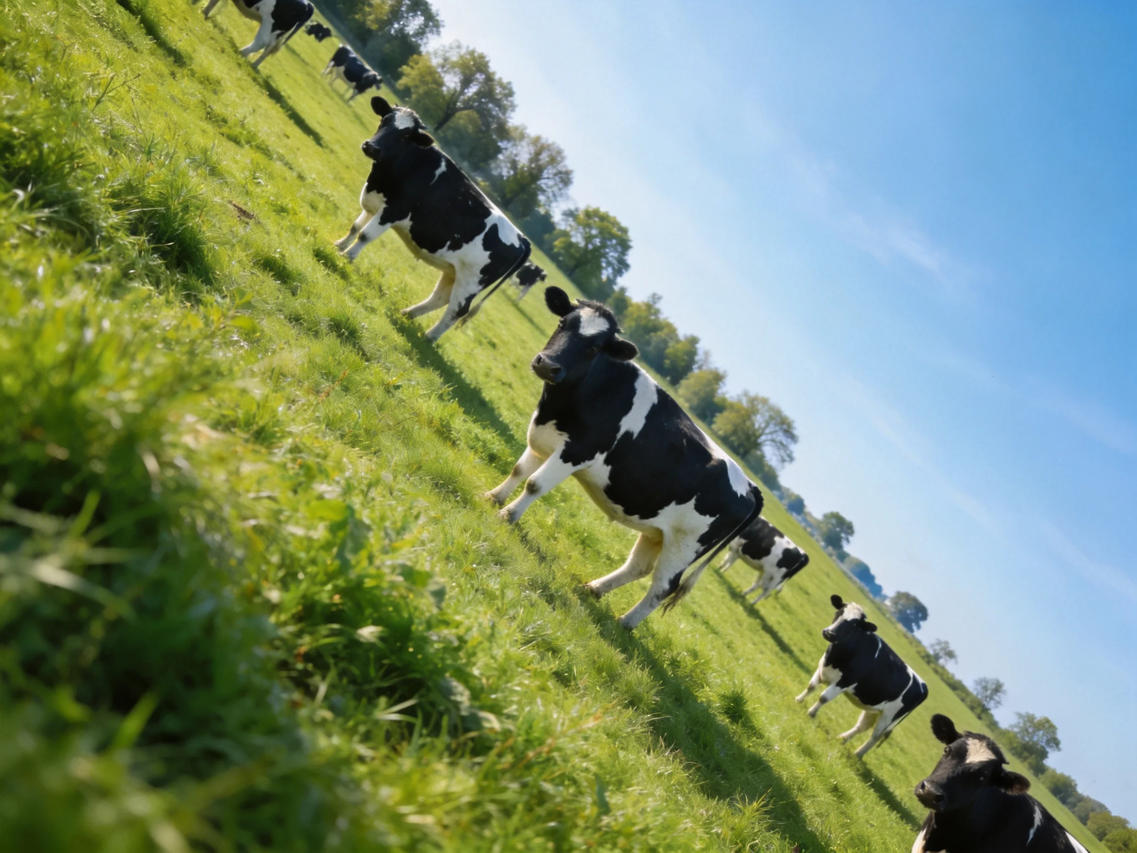 Black-and-white cows graze peacefully in a sunlit green pasture.