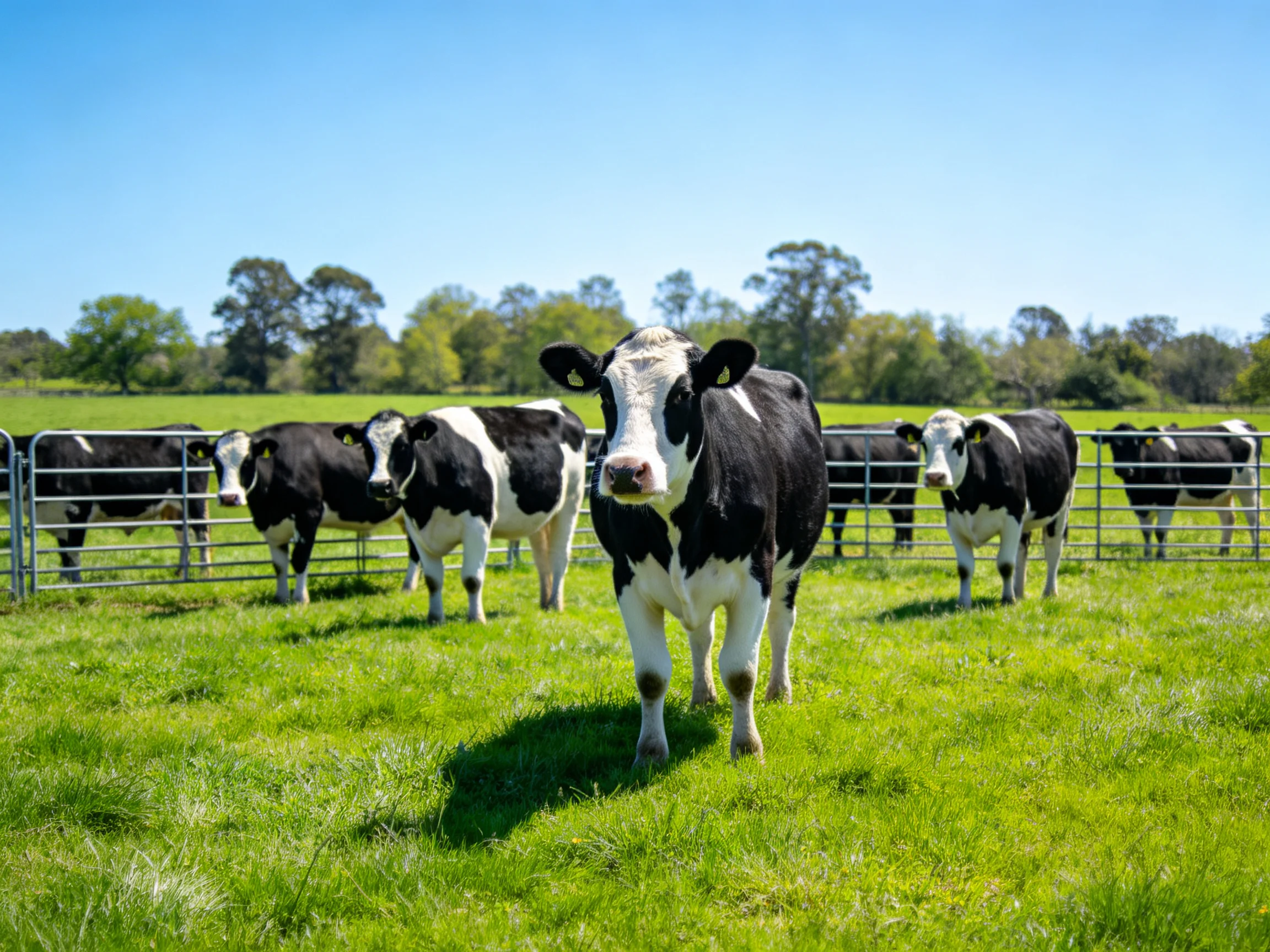 A group of black - and - white cows stands in a bright, fenced pasture.