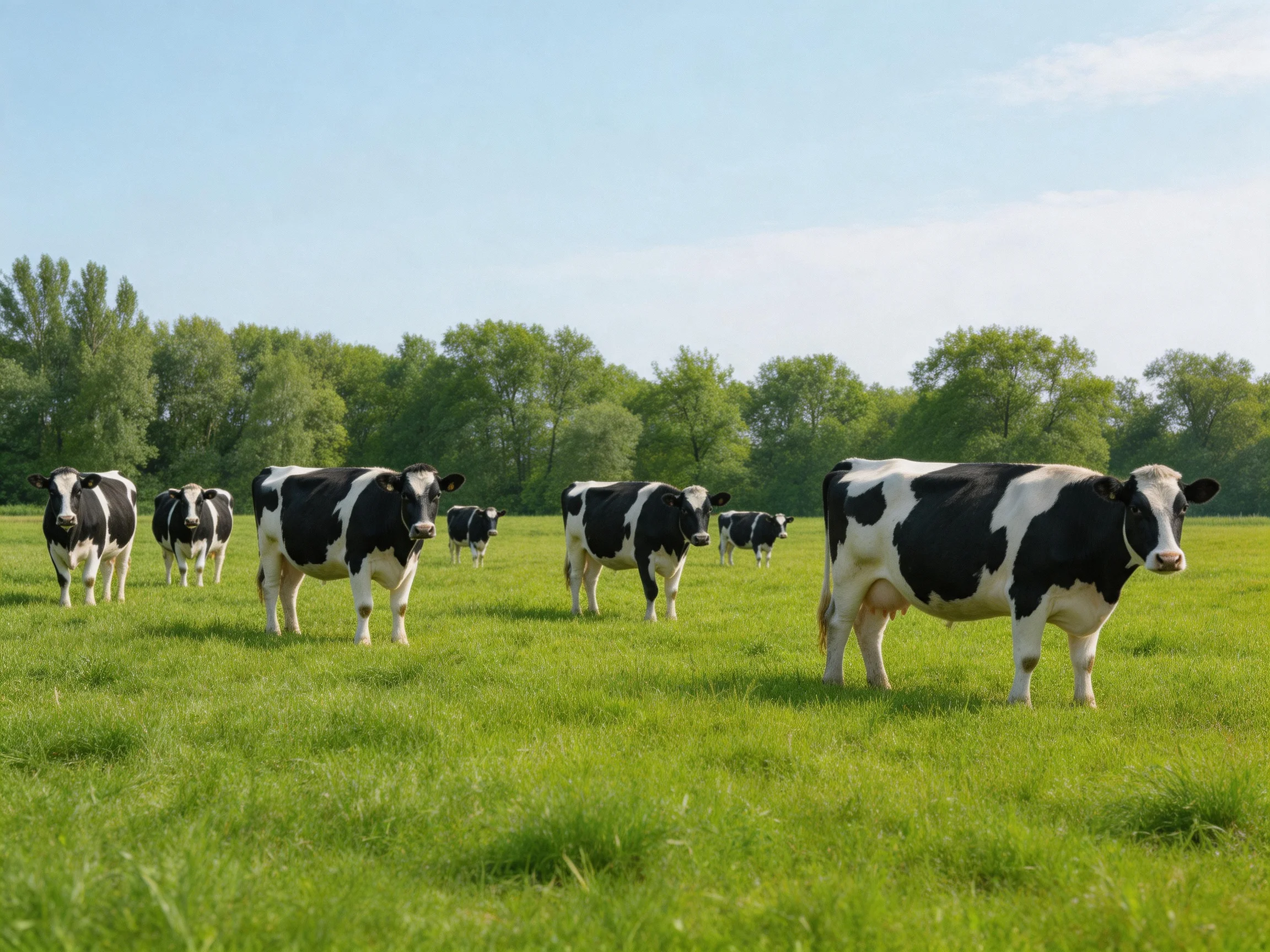 A group of black-and-white cows graze peacefully in a sunny green pasture.