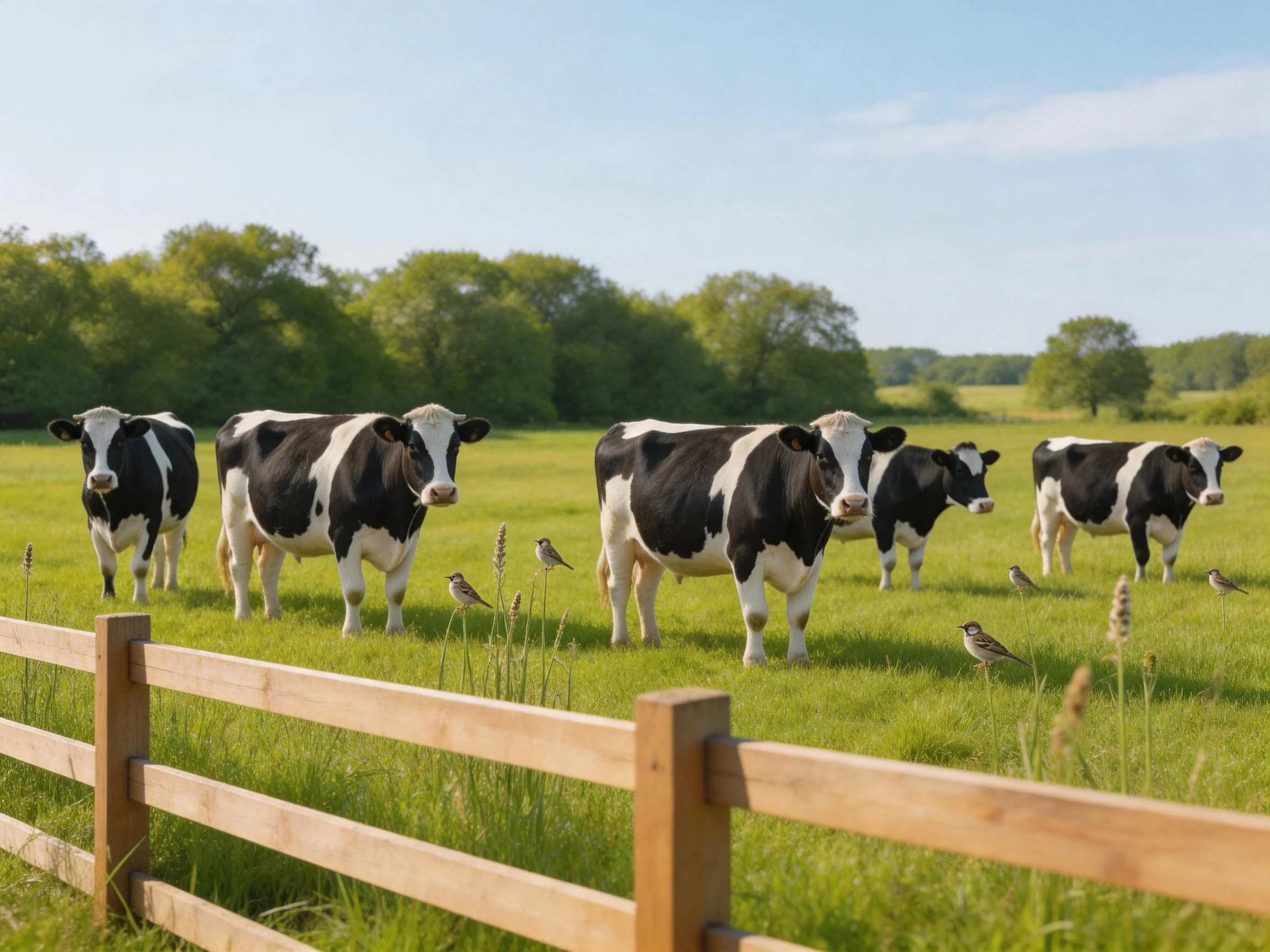 Six black-and-white cows graze in a sunny green pasture with a wooden fence