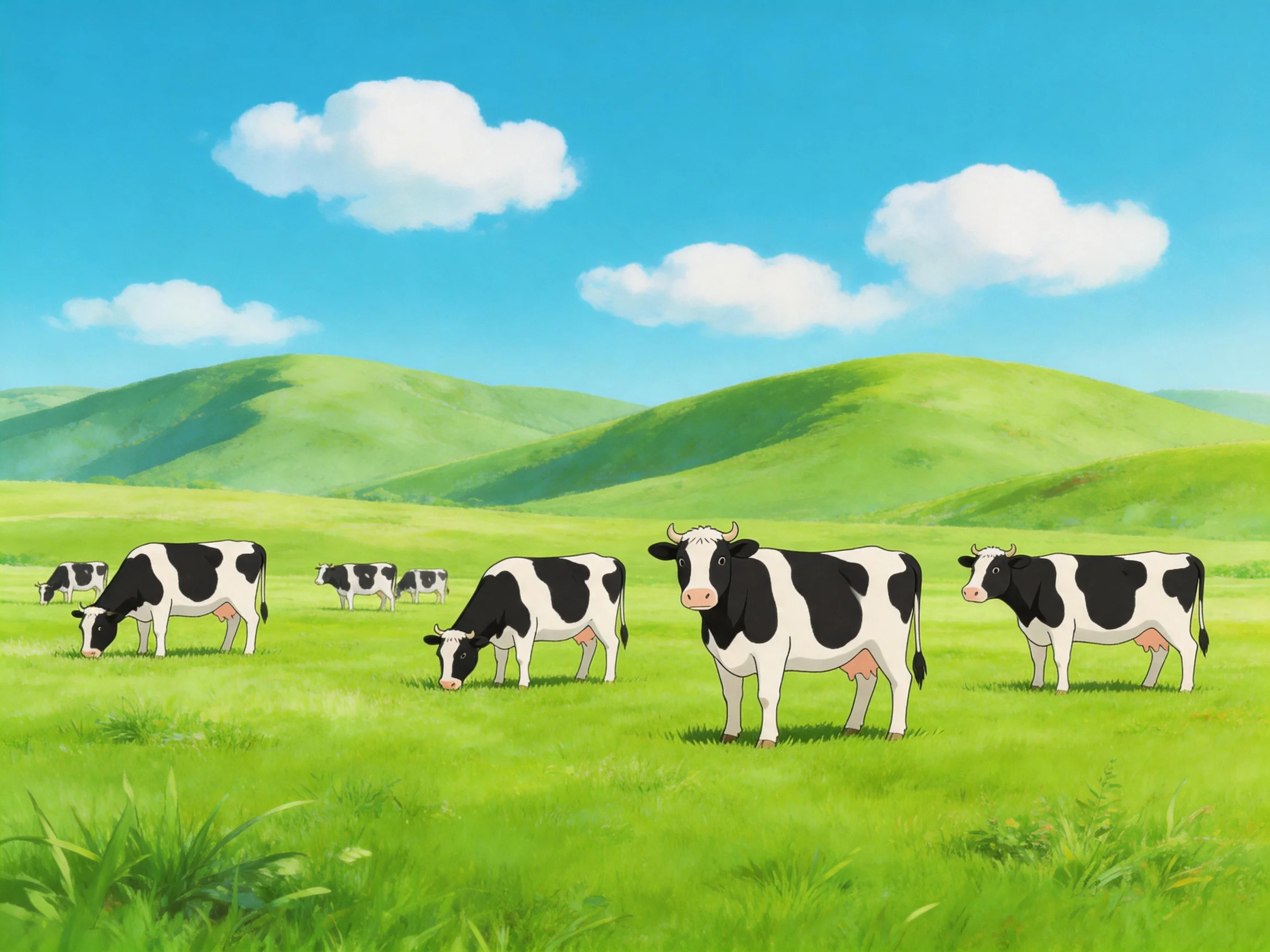 Six black-and-white cows graze in a sunny green pasture near rolling hills.
