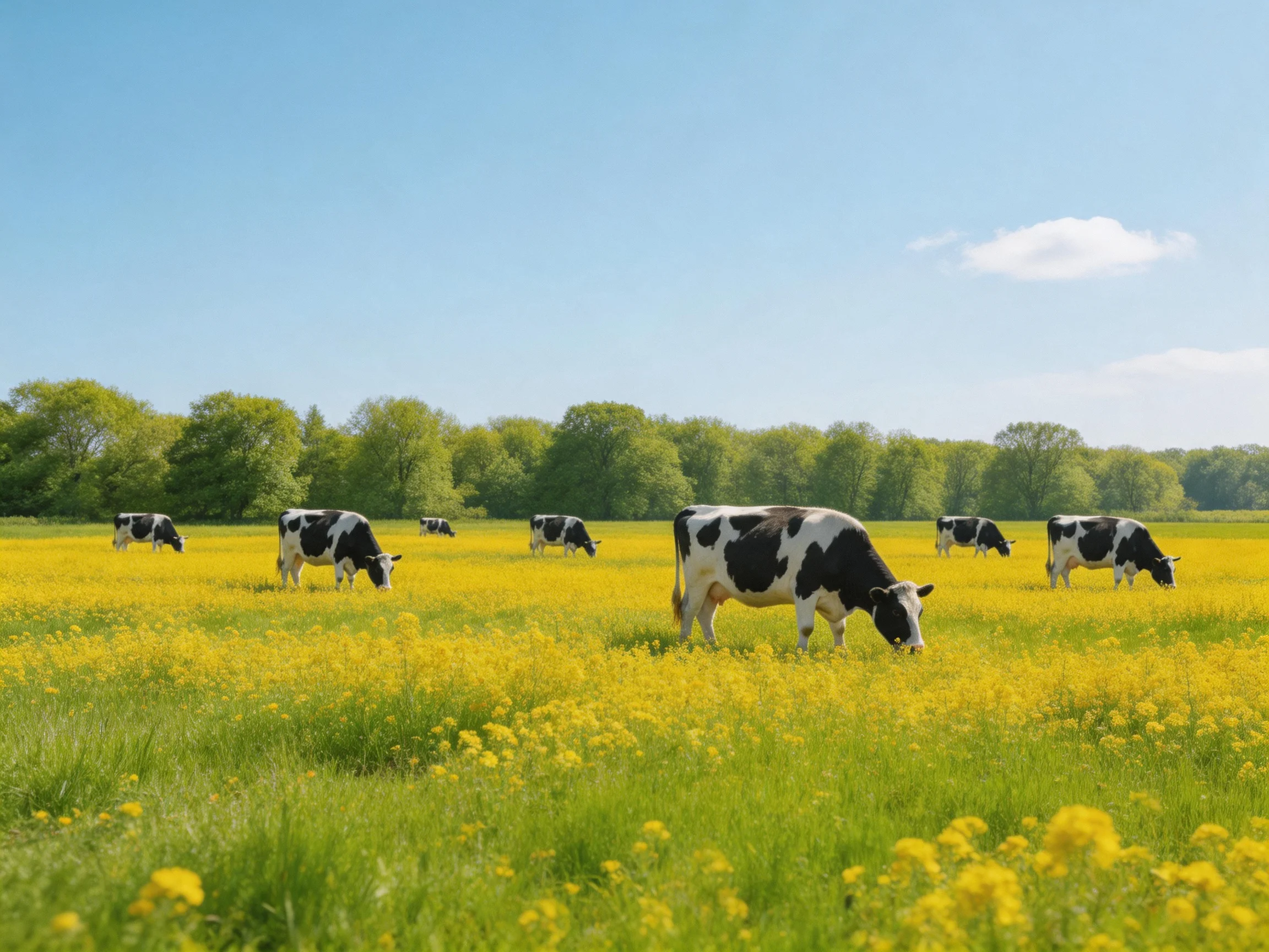 Black-and-white cows graze in a sunny yellow meadow.
