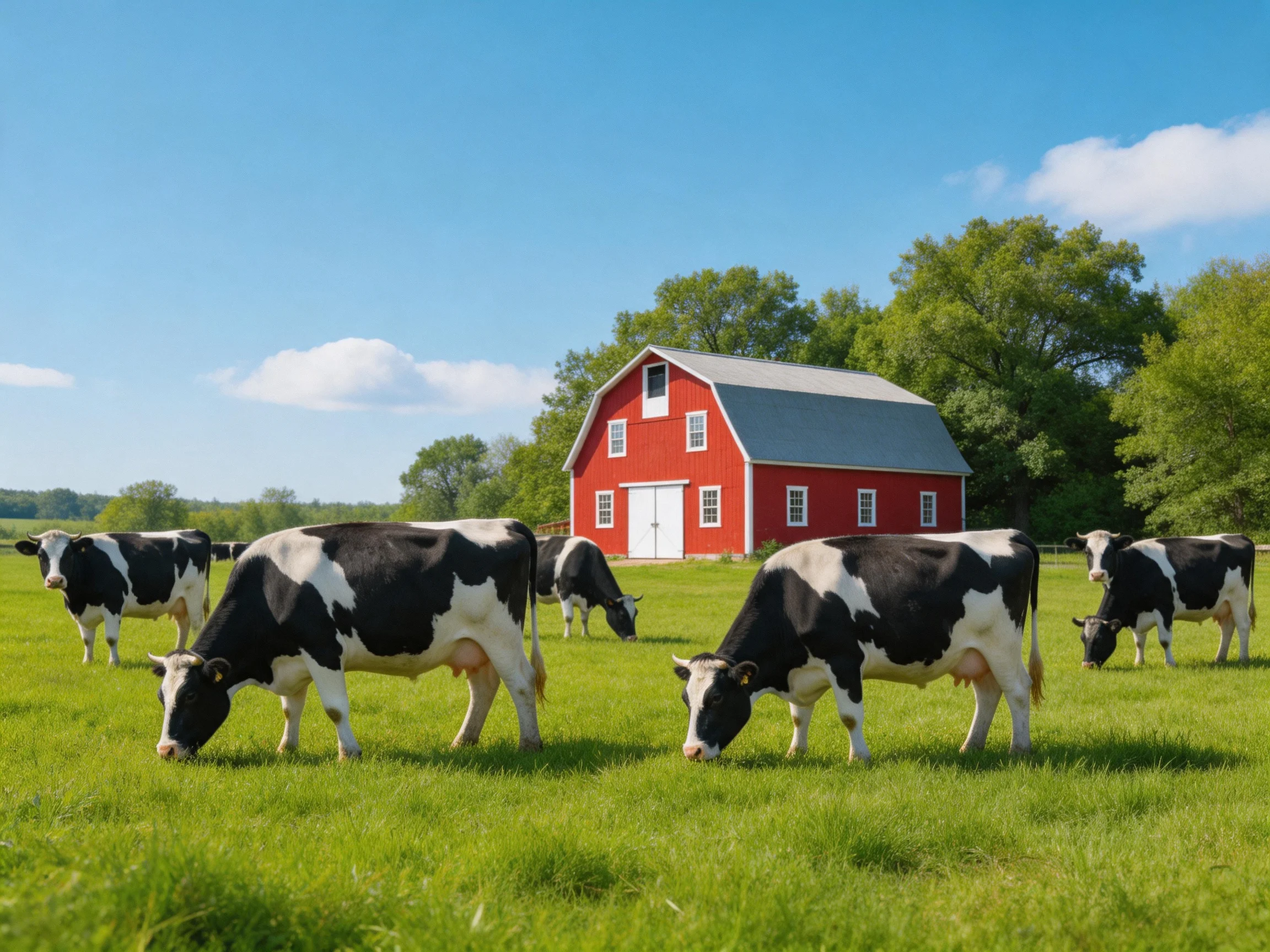 Black-and-white cows graze in a green pasture beside a red barn
