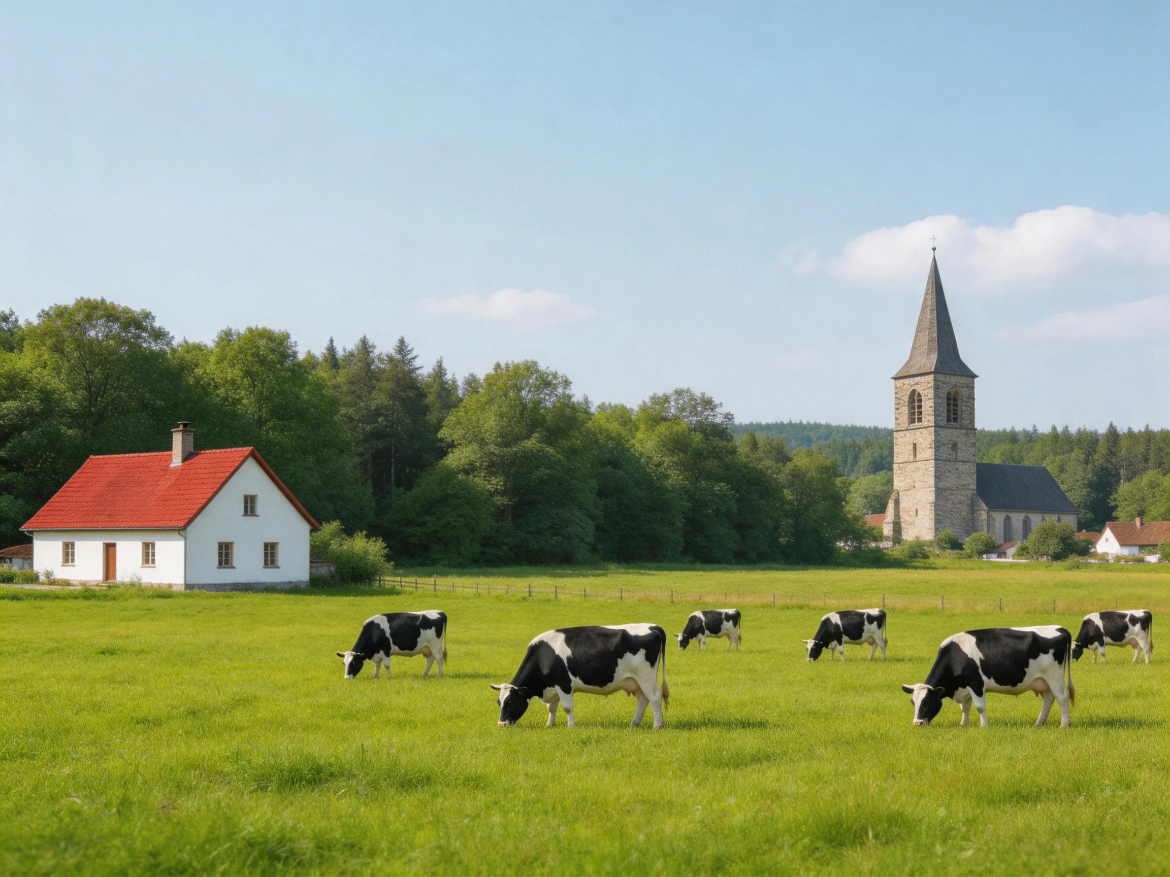 Cows graze in a green pasture beside a white house and stone church.