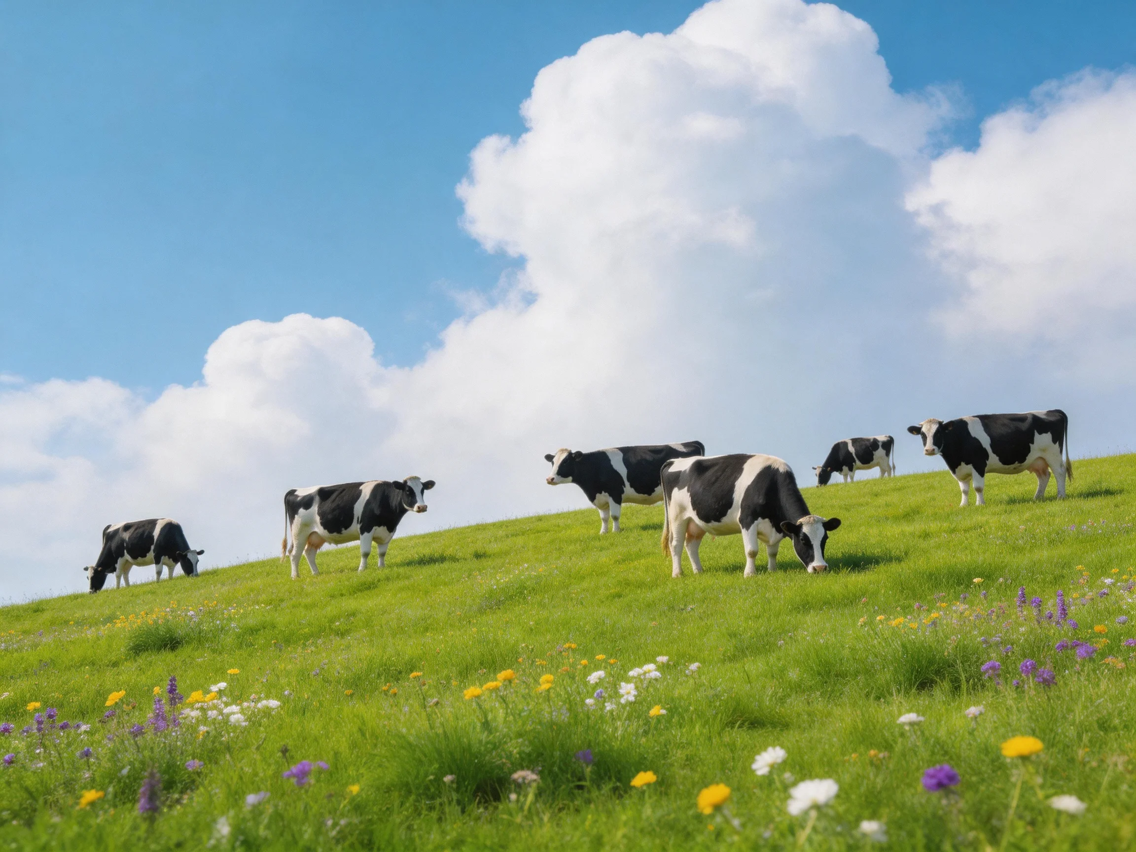 Six black-and-white cows graze on a flowered hillside beneath a bright blue sky.