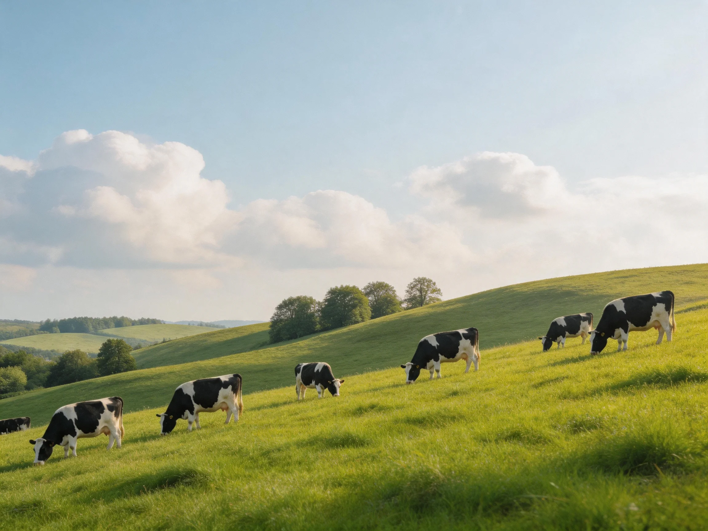 Six black-and-white cows graze on a sunny green hillside.