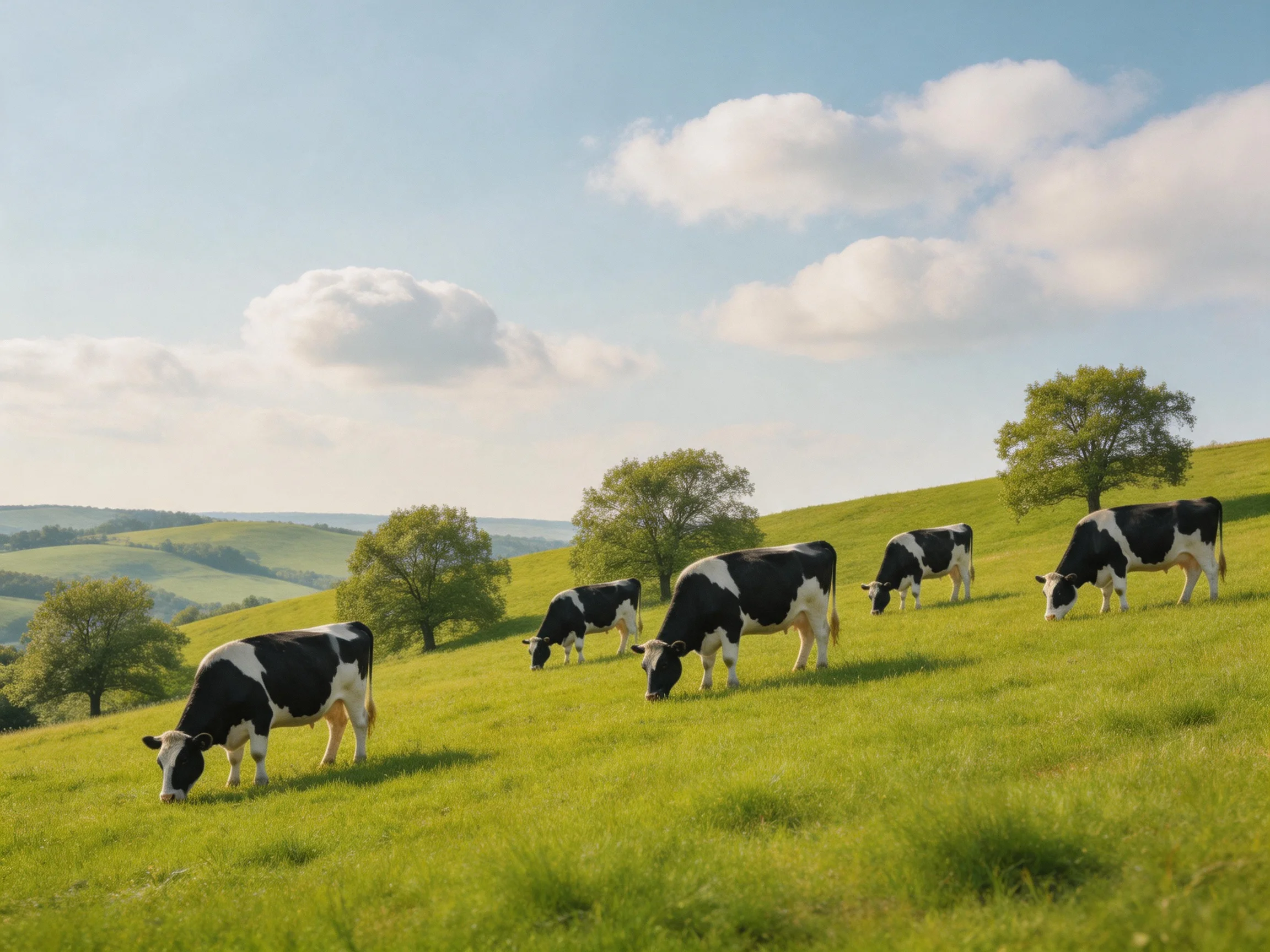 Six black-and-white cows graze on rolling green hills under bright sky