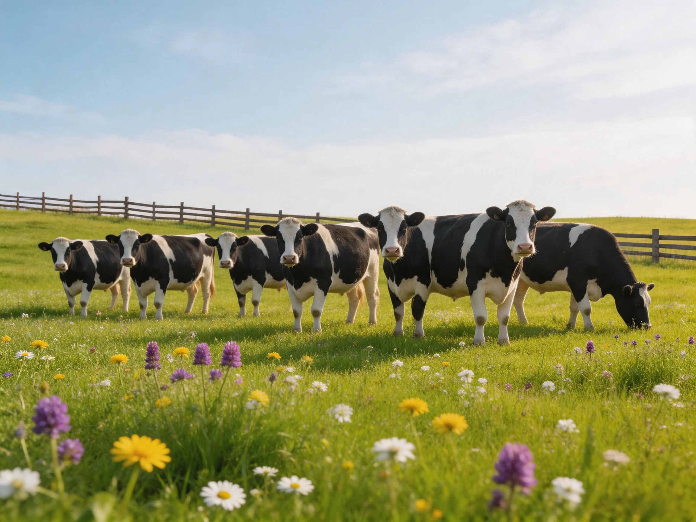 Six black-and-white cows in a flower-dotted green pasture with wooden fence