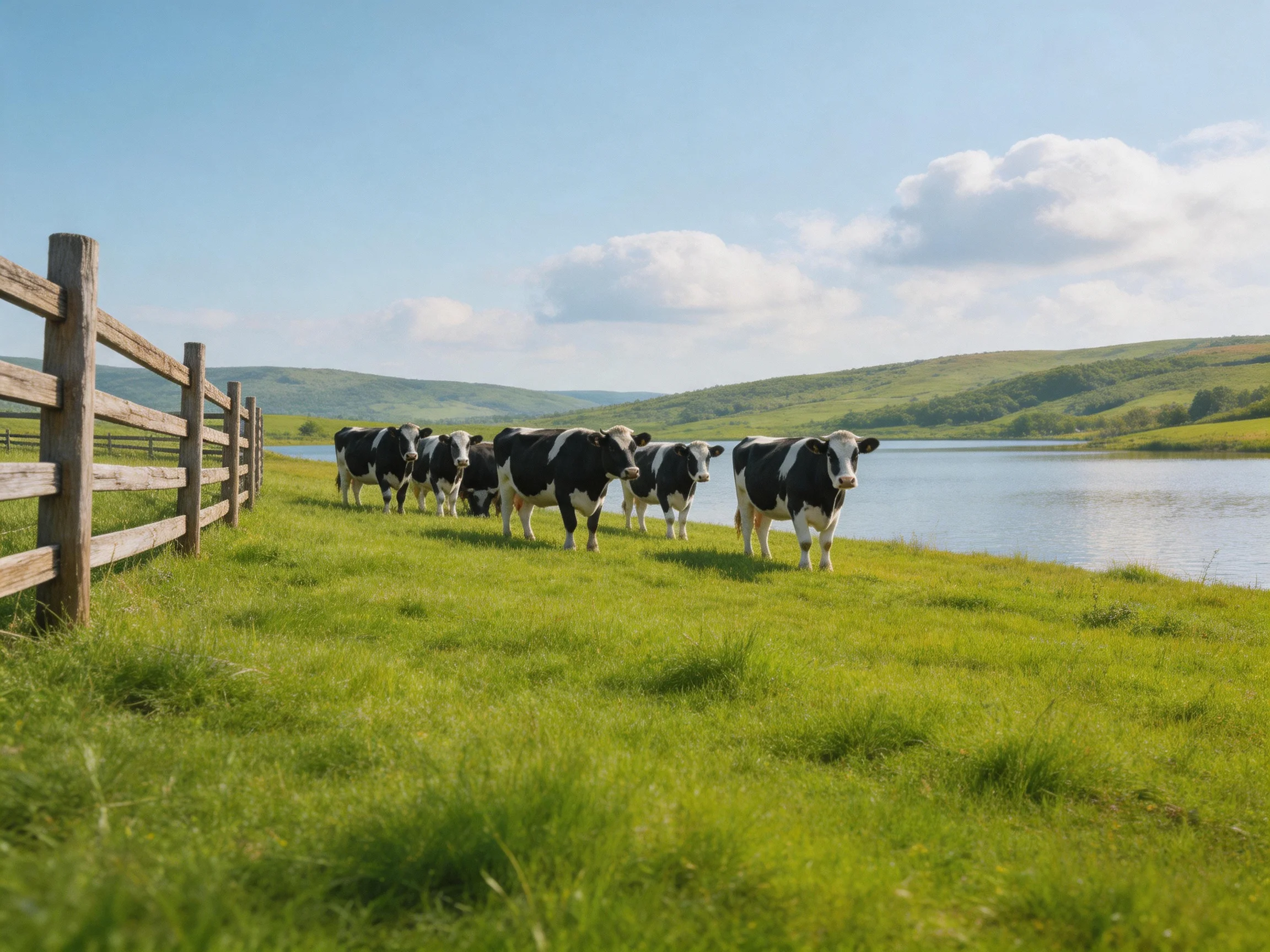 Six black-and-white cows walk alongside a wooden fence near a calm lake in a green meadow.