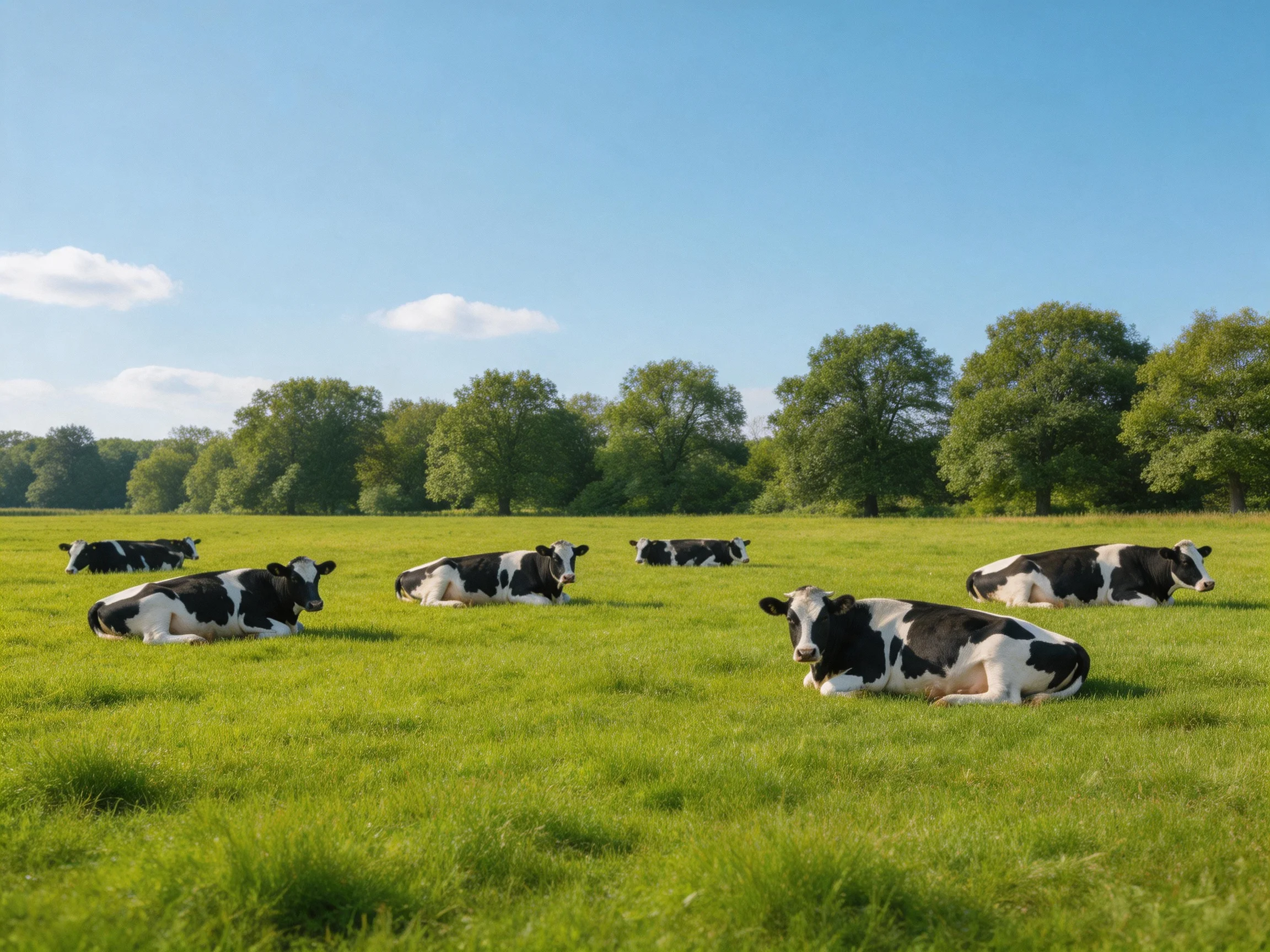 Six black-and-white cows rest in a sunny green pasture.