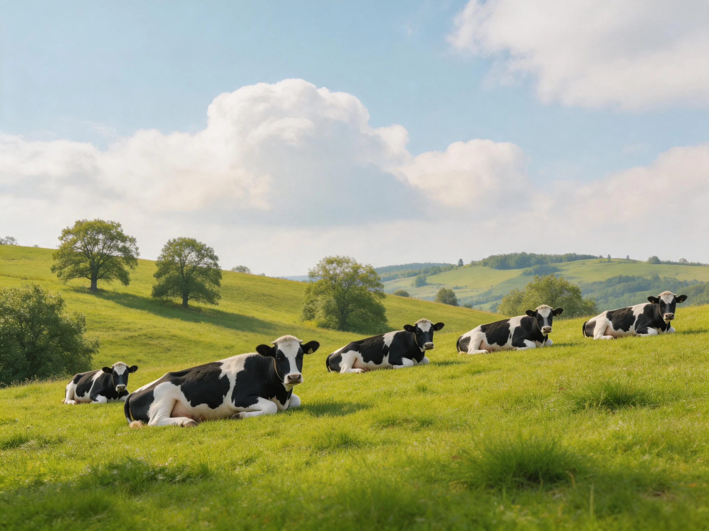 Six black-and-white cows relax on a sunlit grassy hillside.