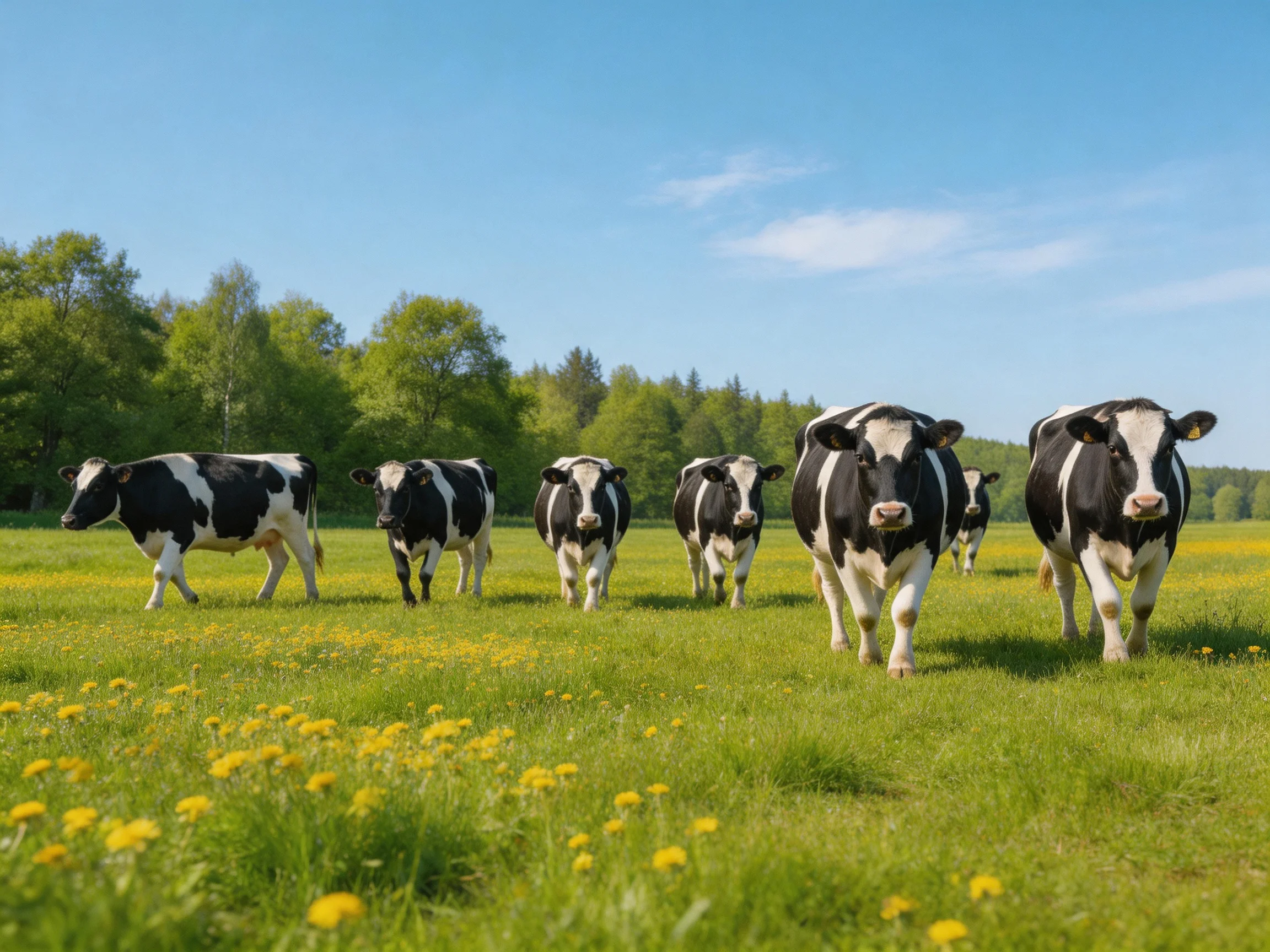 Six black-and-white cows roam a sunny meadow with yellow wildflowers