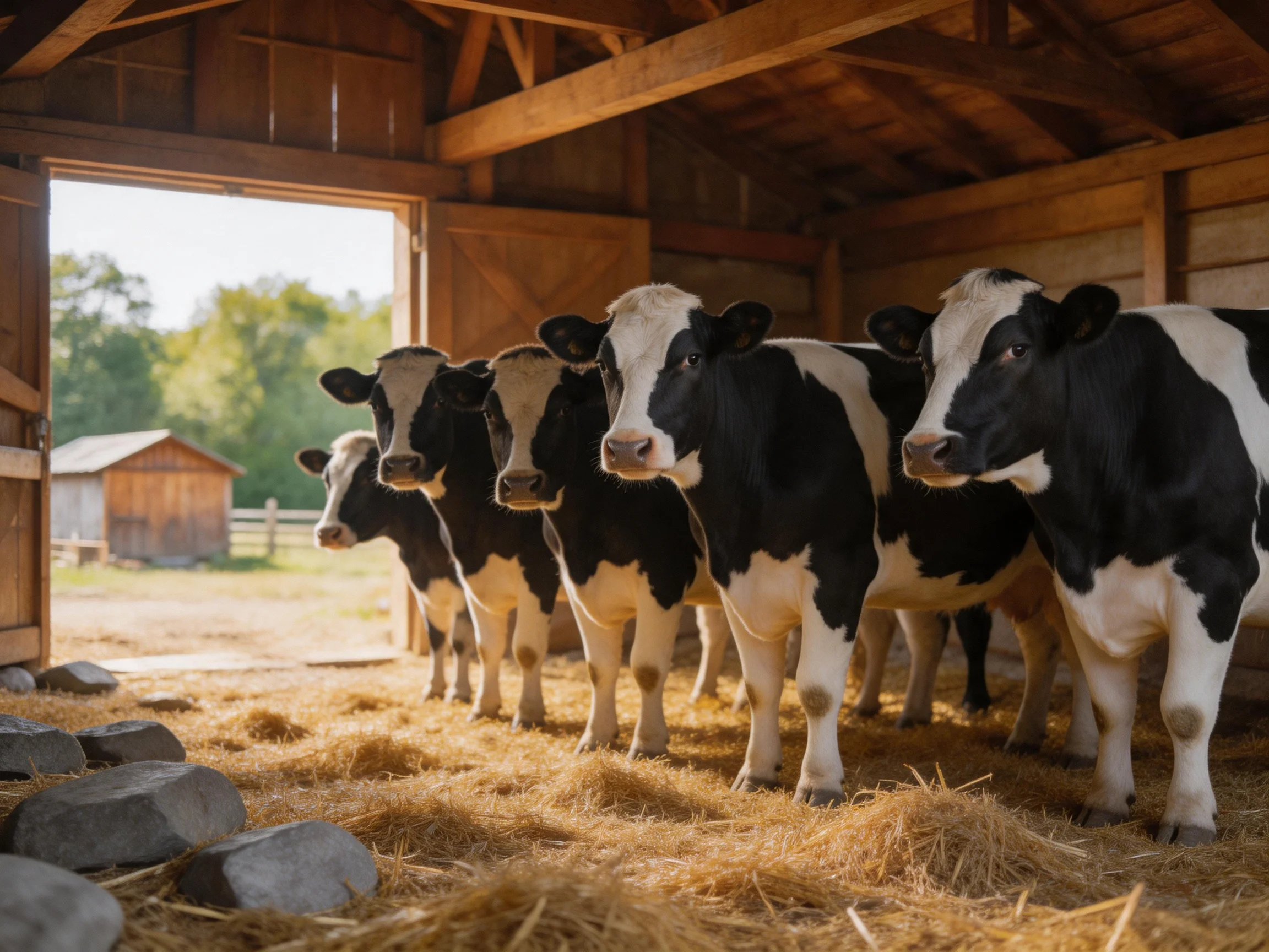 Six black-and-white cows stand in a wooden barn with straw bedding.