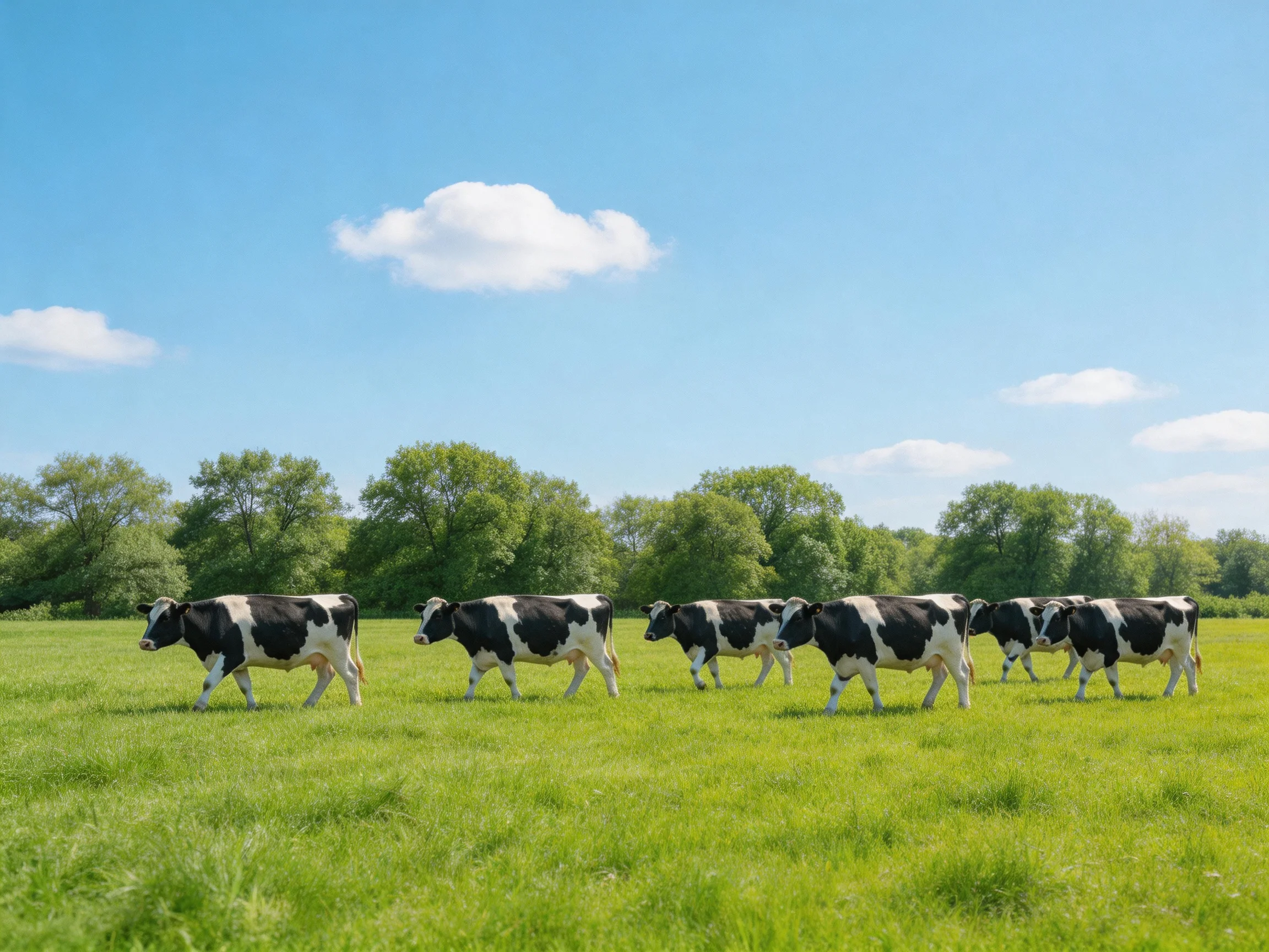 Six black - and - white cows traverse a lush green pasture under a clear blue sky