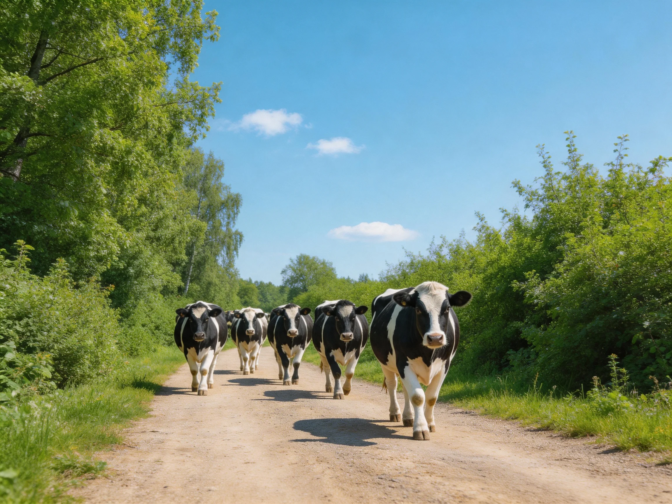 Six black-and-white cows traverse a sunlit dirt road amid lush greenery