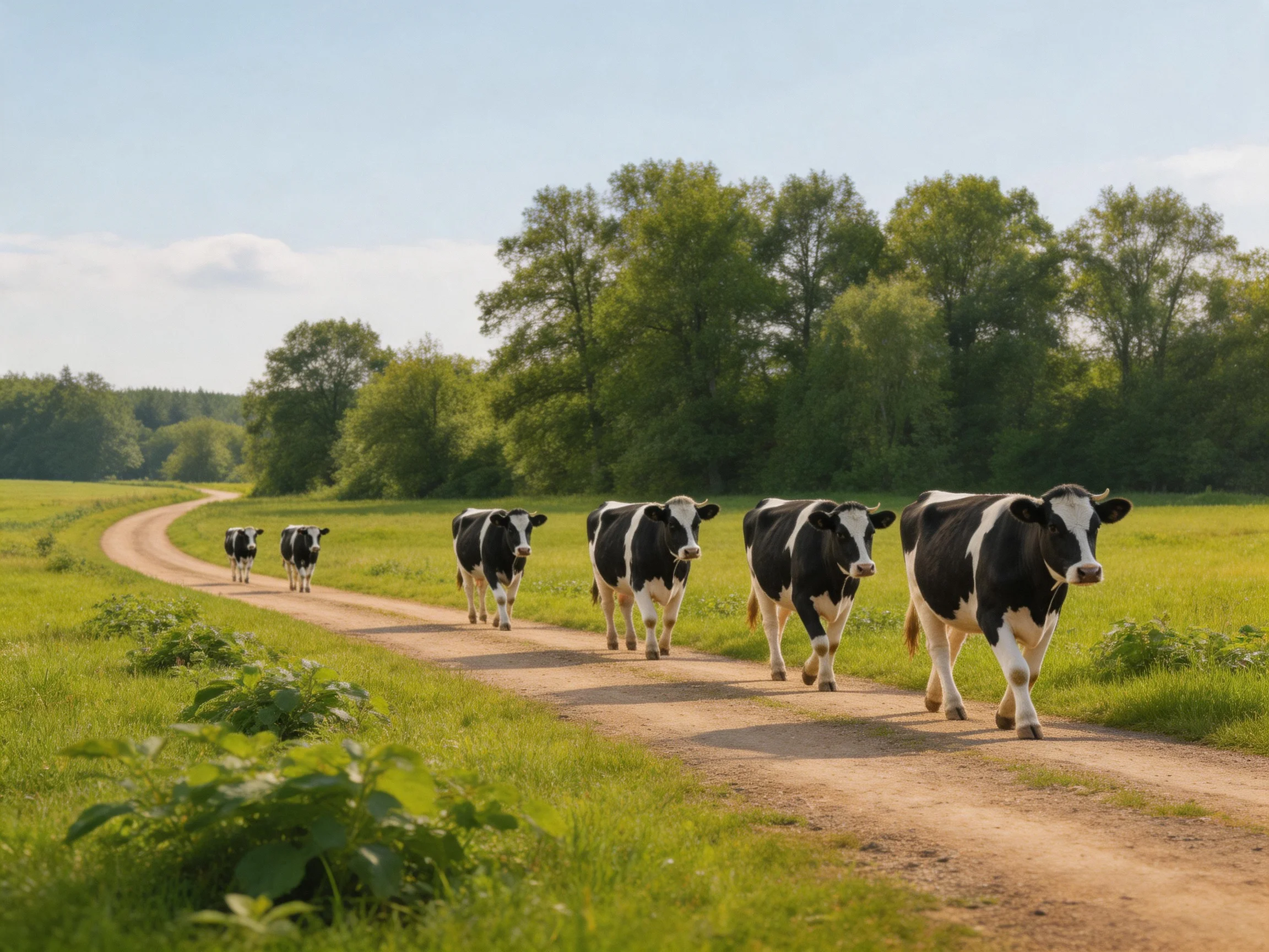 Six black-and-white cows walk along a dirt path near green fields