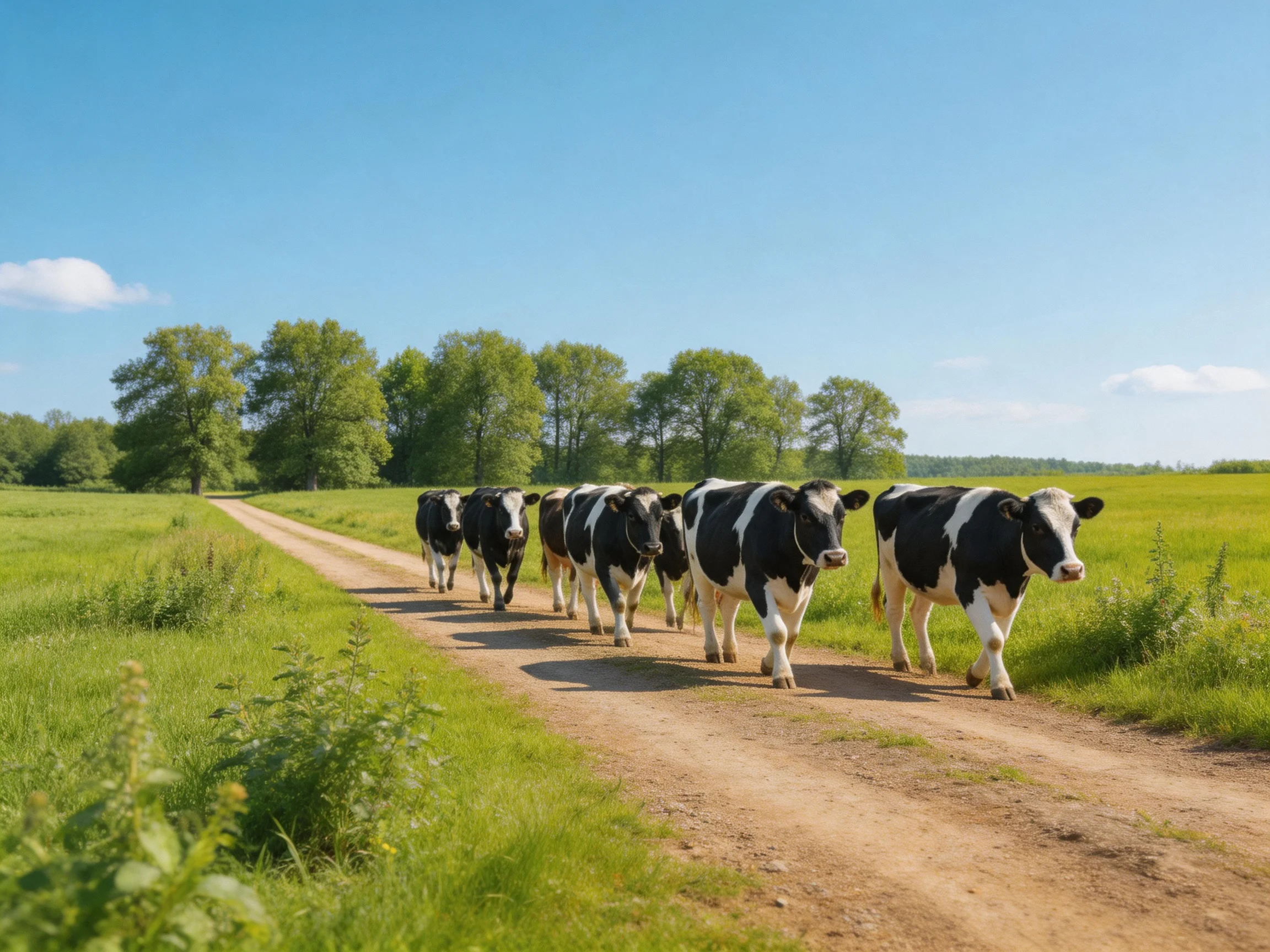Six black-and-white cows walk along a dusty country path