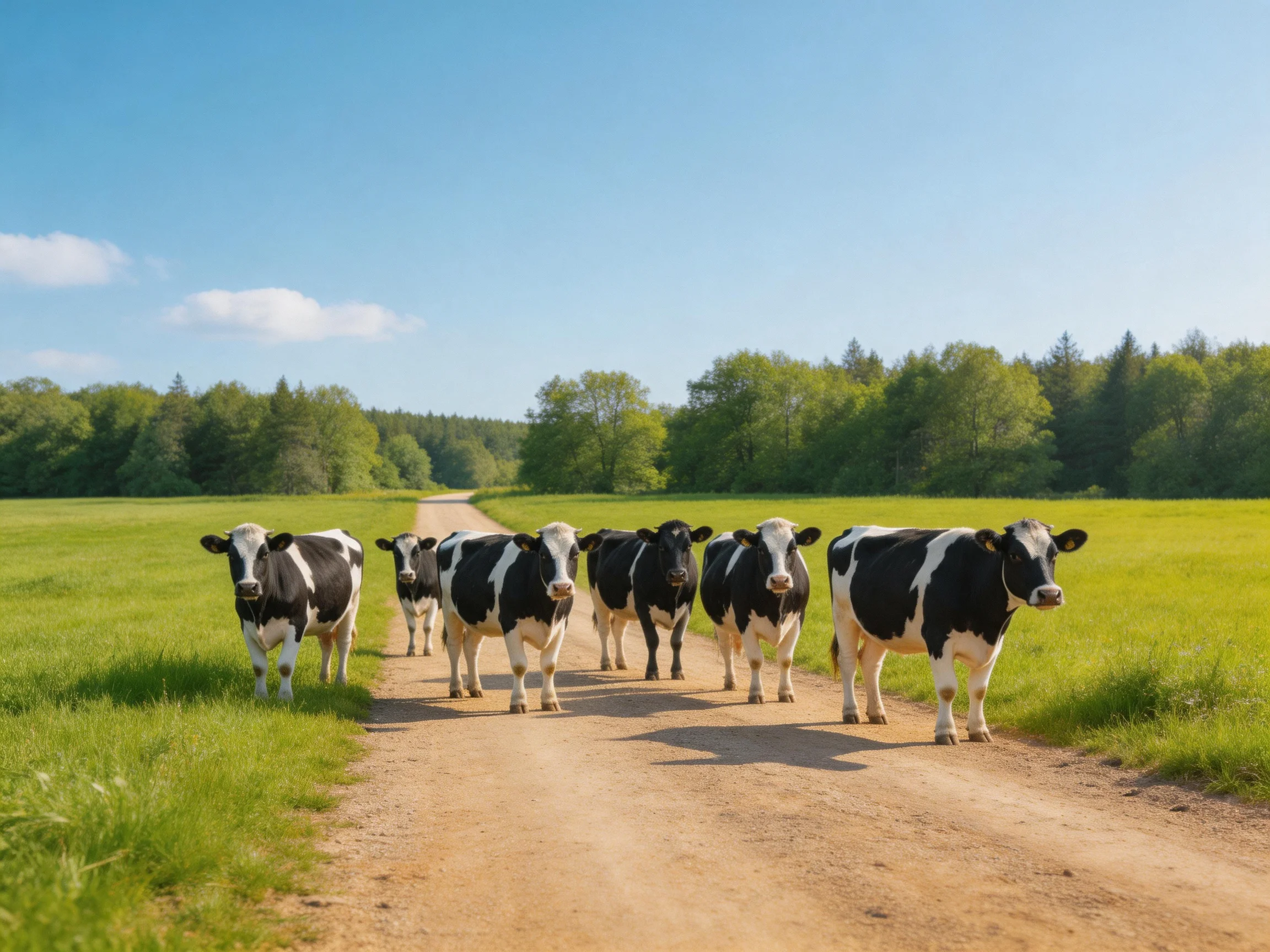Six black-and-white cows walk along a sunny dirt path near lush green fields