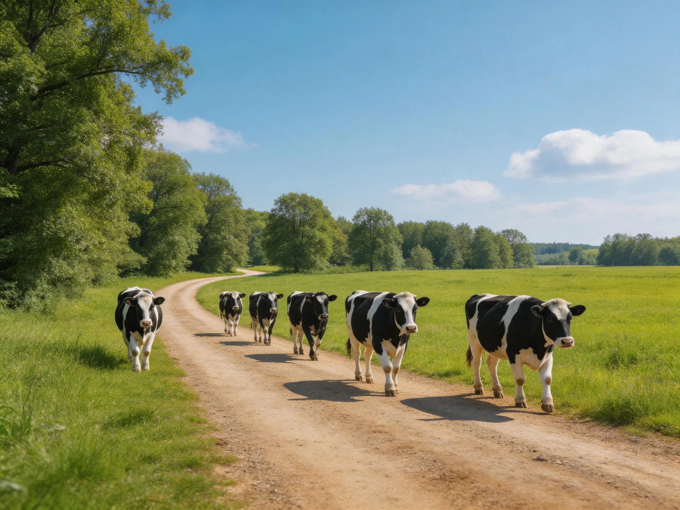 Six black-and-white cows walk along a sunny dirt road beside lush green meadows