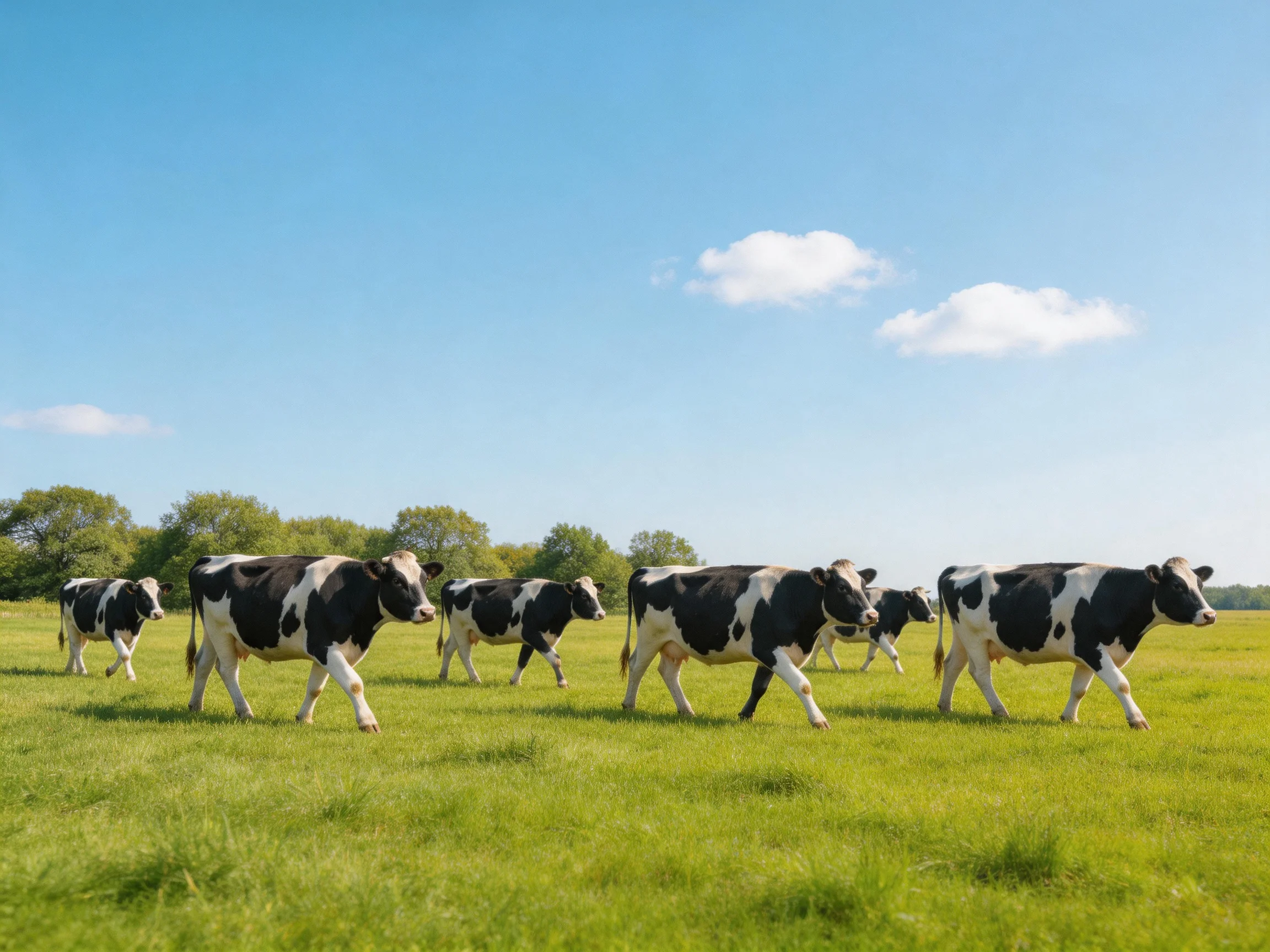 Six black-and-white cows walk through a lush green pasture under bright blue skies
