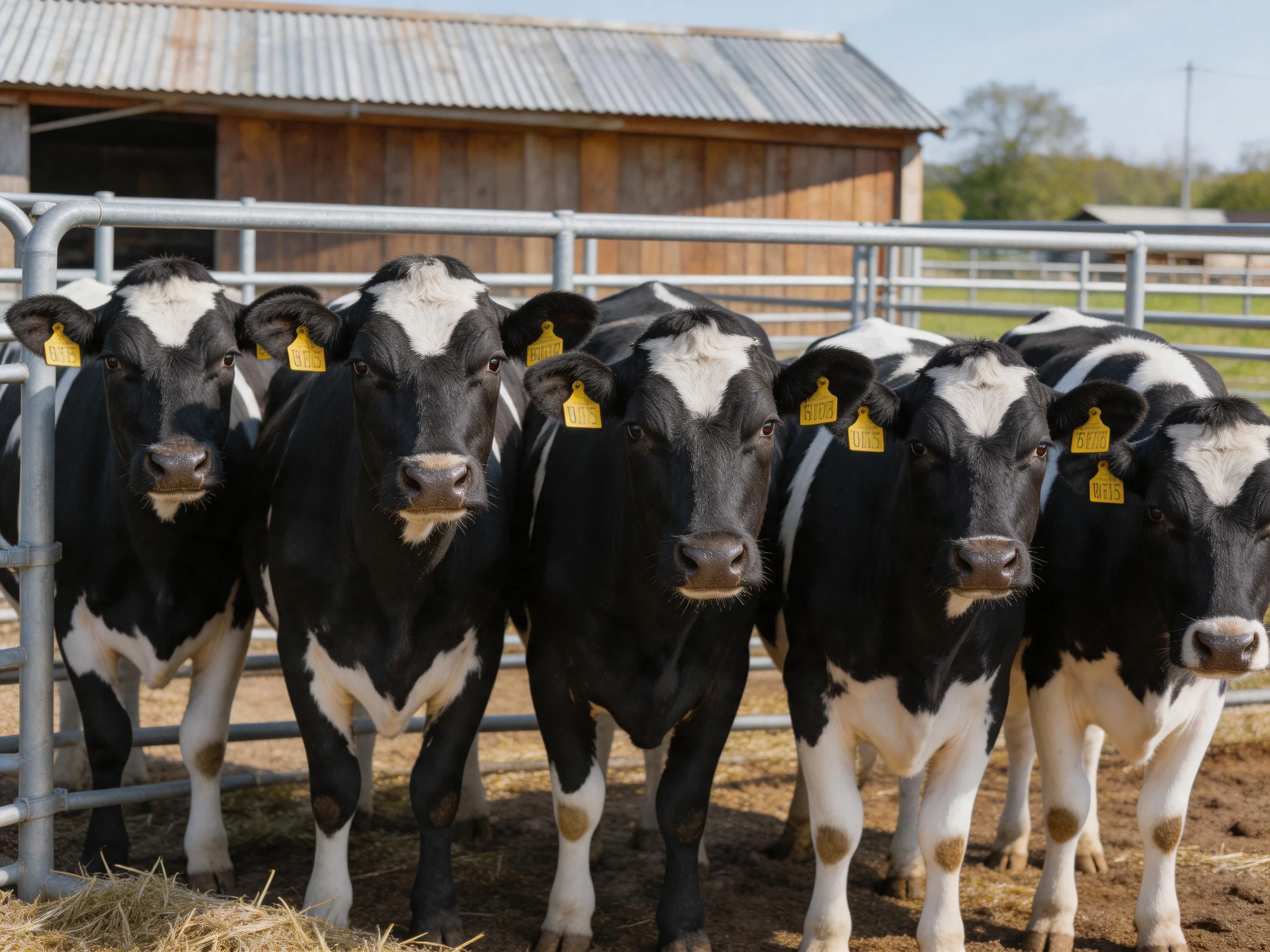 Six black-and-white dairy cows gather behind metal fencing near a wooden barn