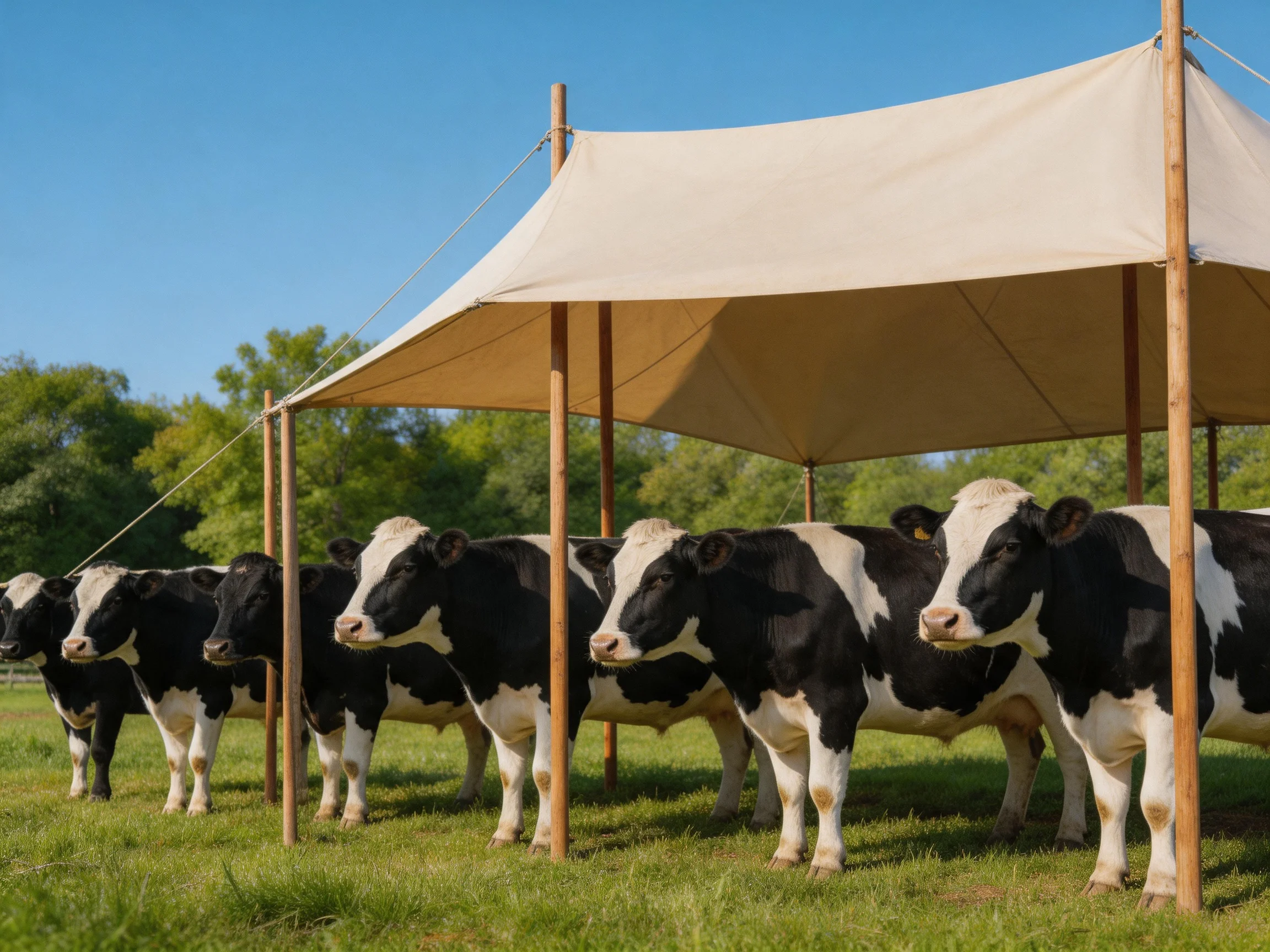 Six black-and-white dairy cows gather under a large beige tent in a sunny pasture