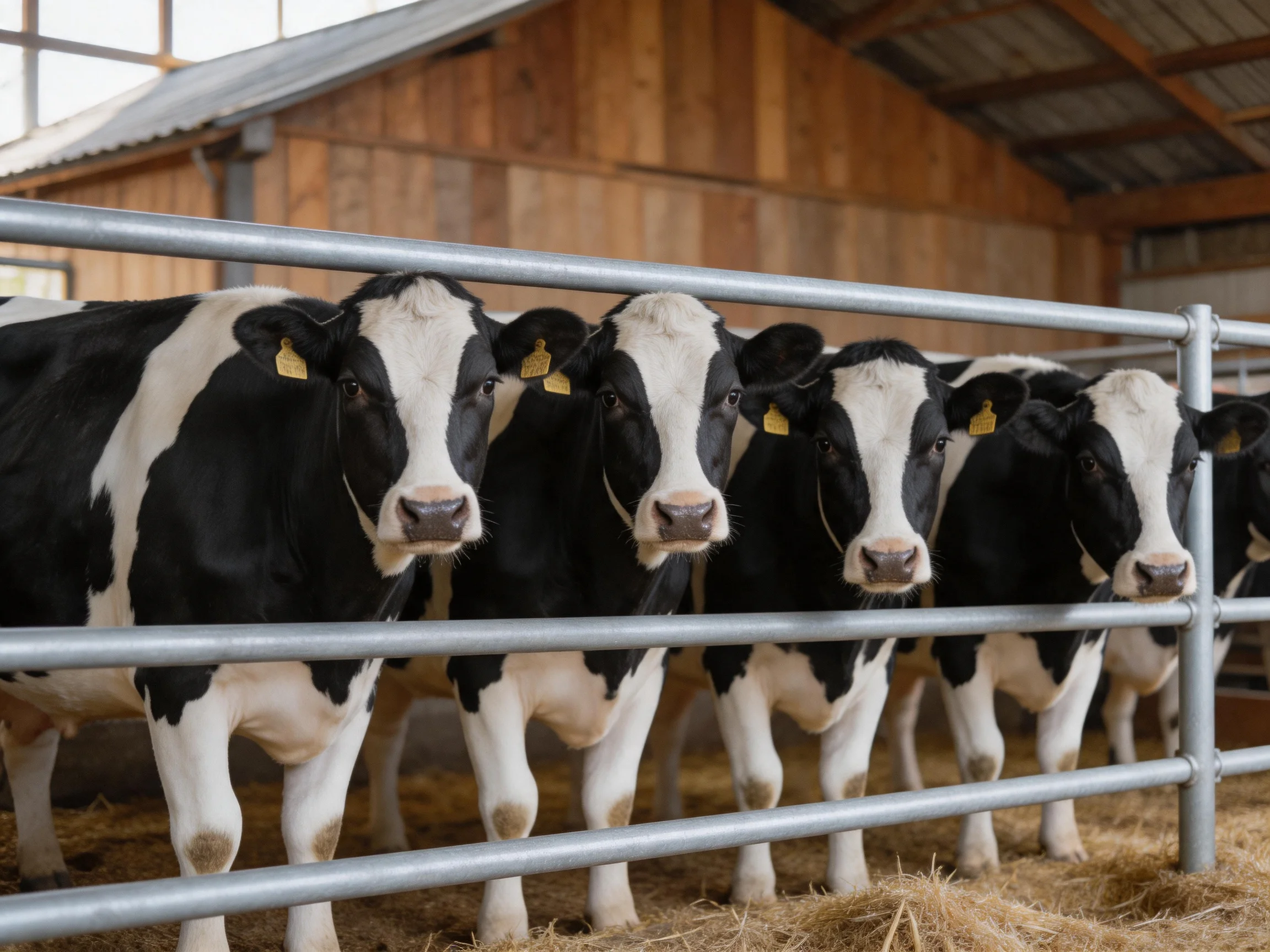 Six black-and-white dairy cows in a barn enclosure