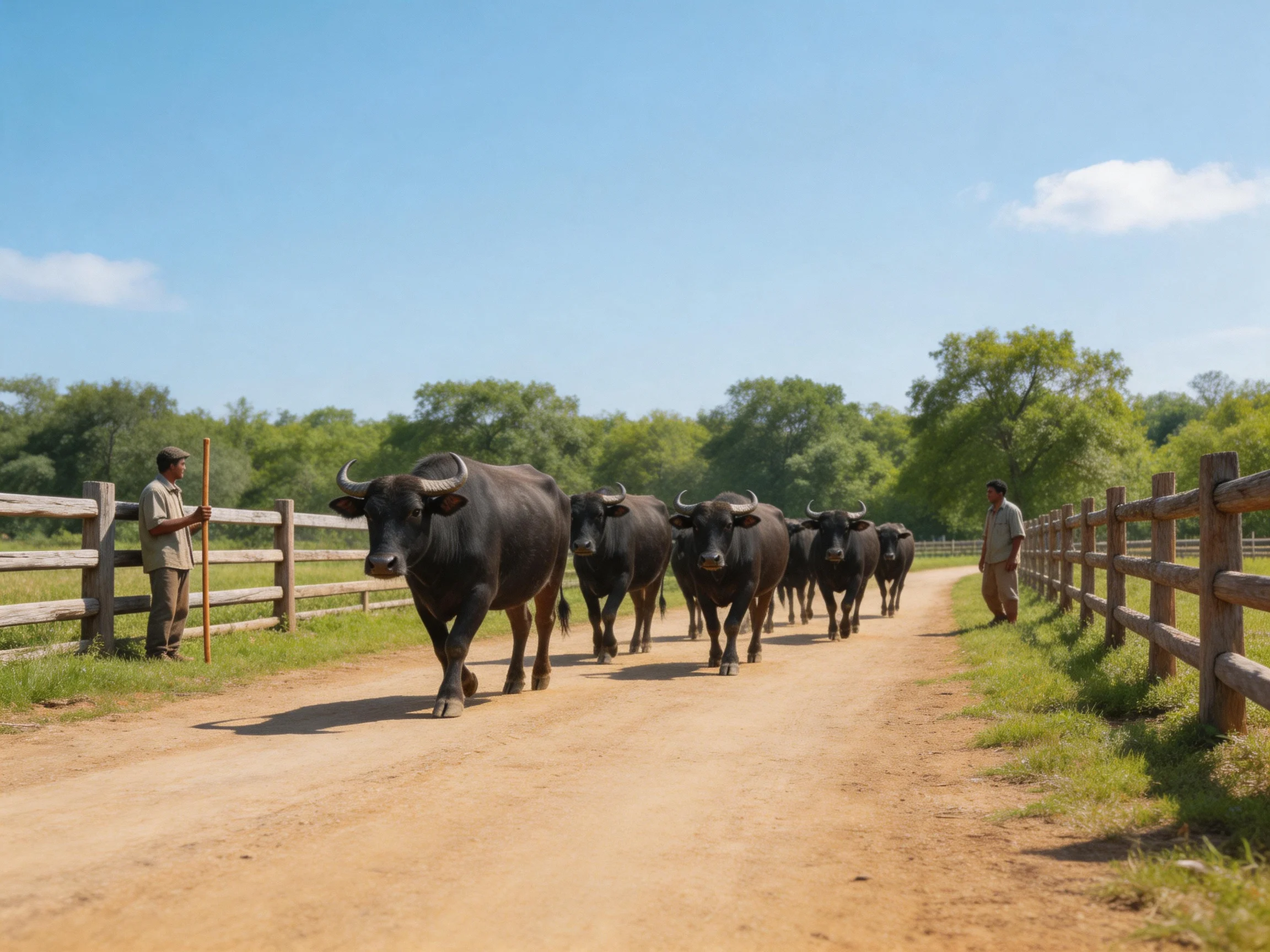 Six black buffaloes walk along a dusty path with two handlers