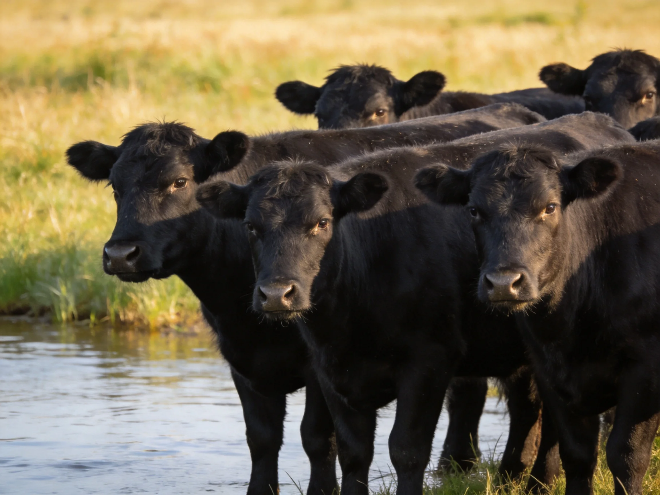 Six black cattle gather by a calm waterway with golden grass