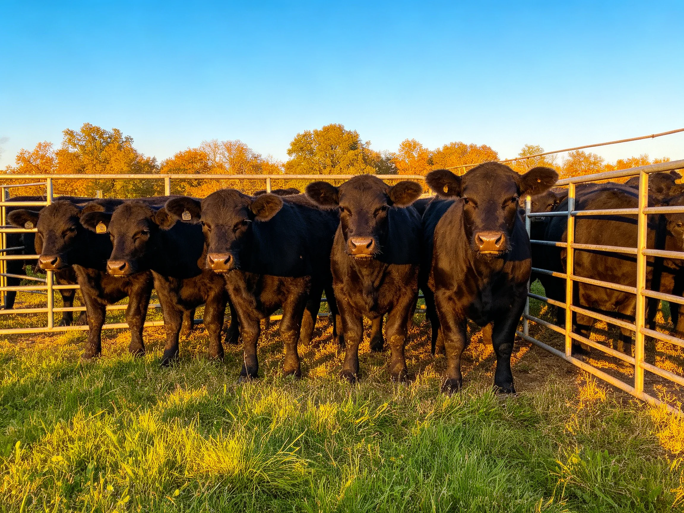 Six black cattle gathered by a metal fence with green grass