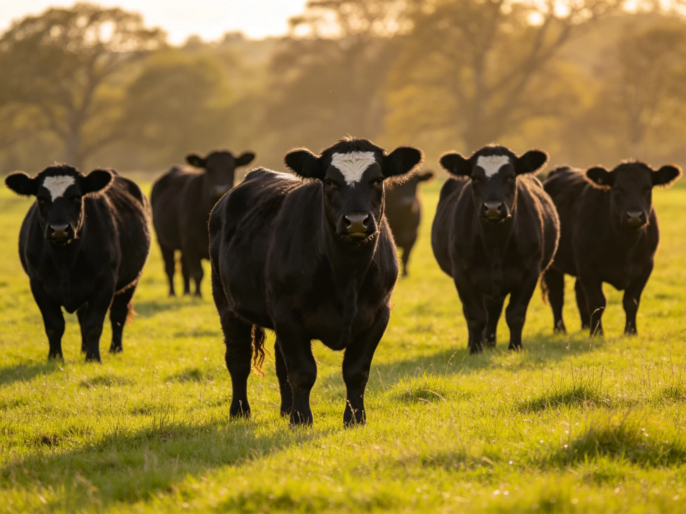 Six black cattle with white facial patches graze in a sunlit green pasture