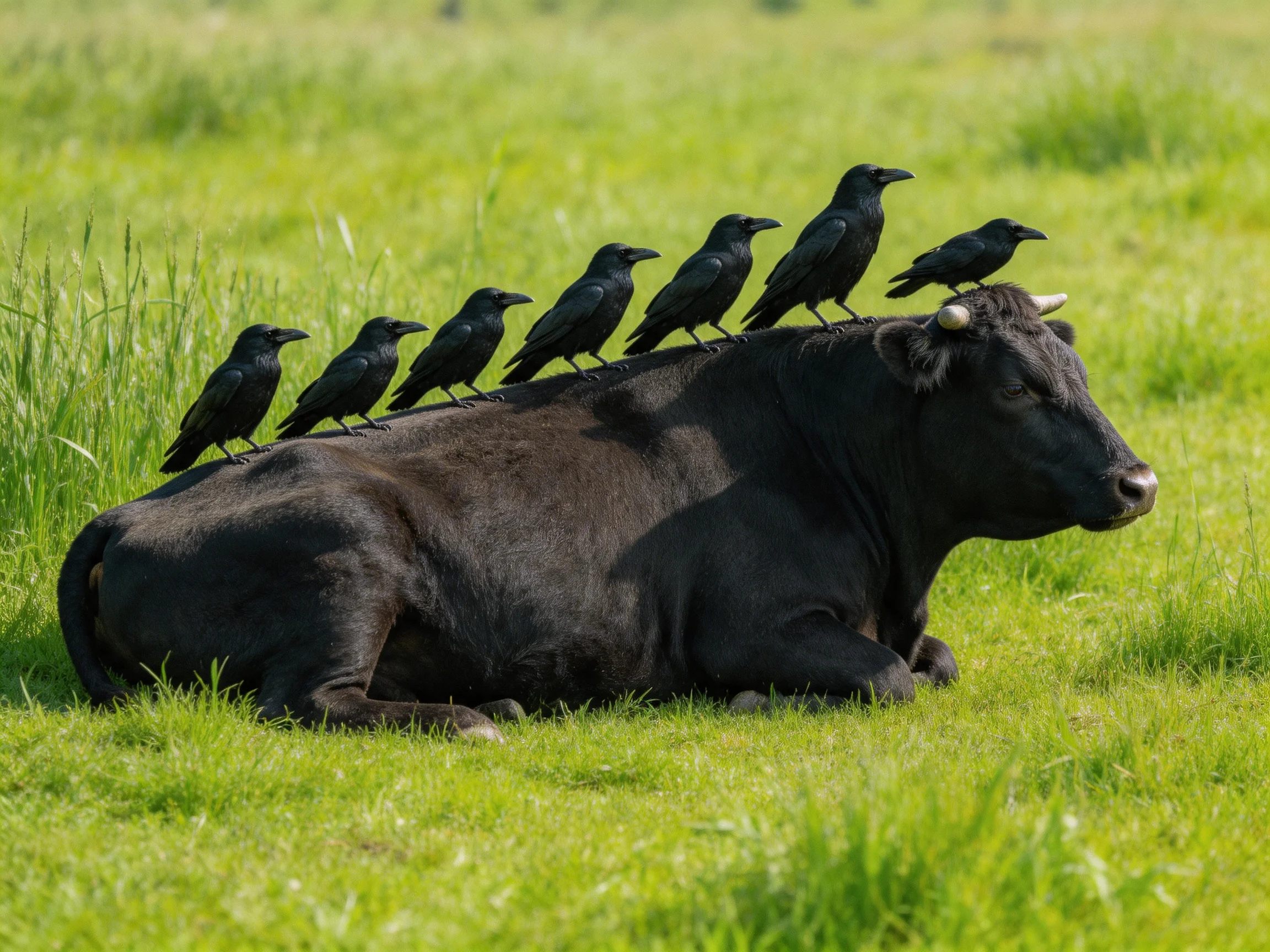 Six black crows perch on a reclining black cow in a verdant meadow