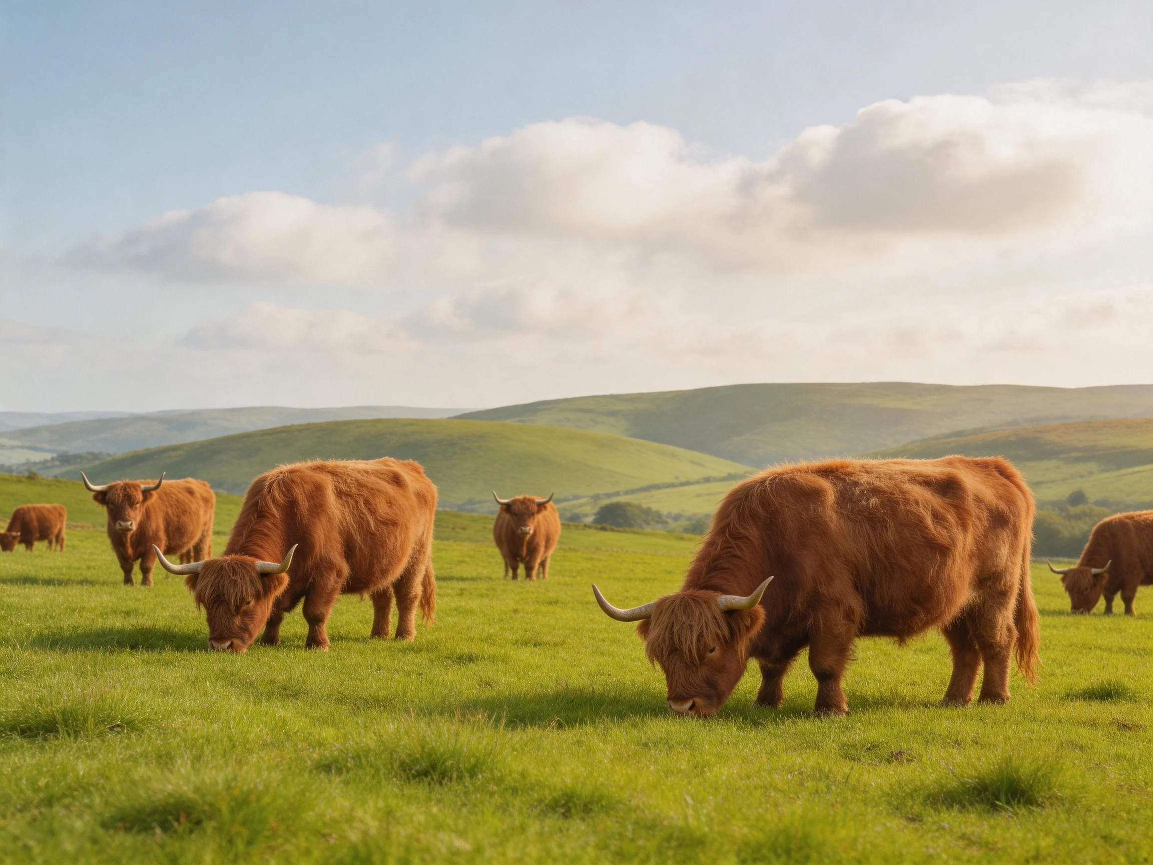 Six brown Highland cattle graze in a lush green meadow