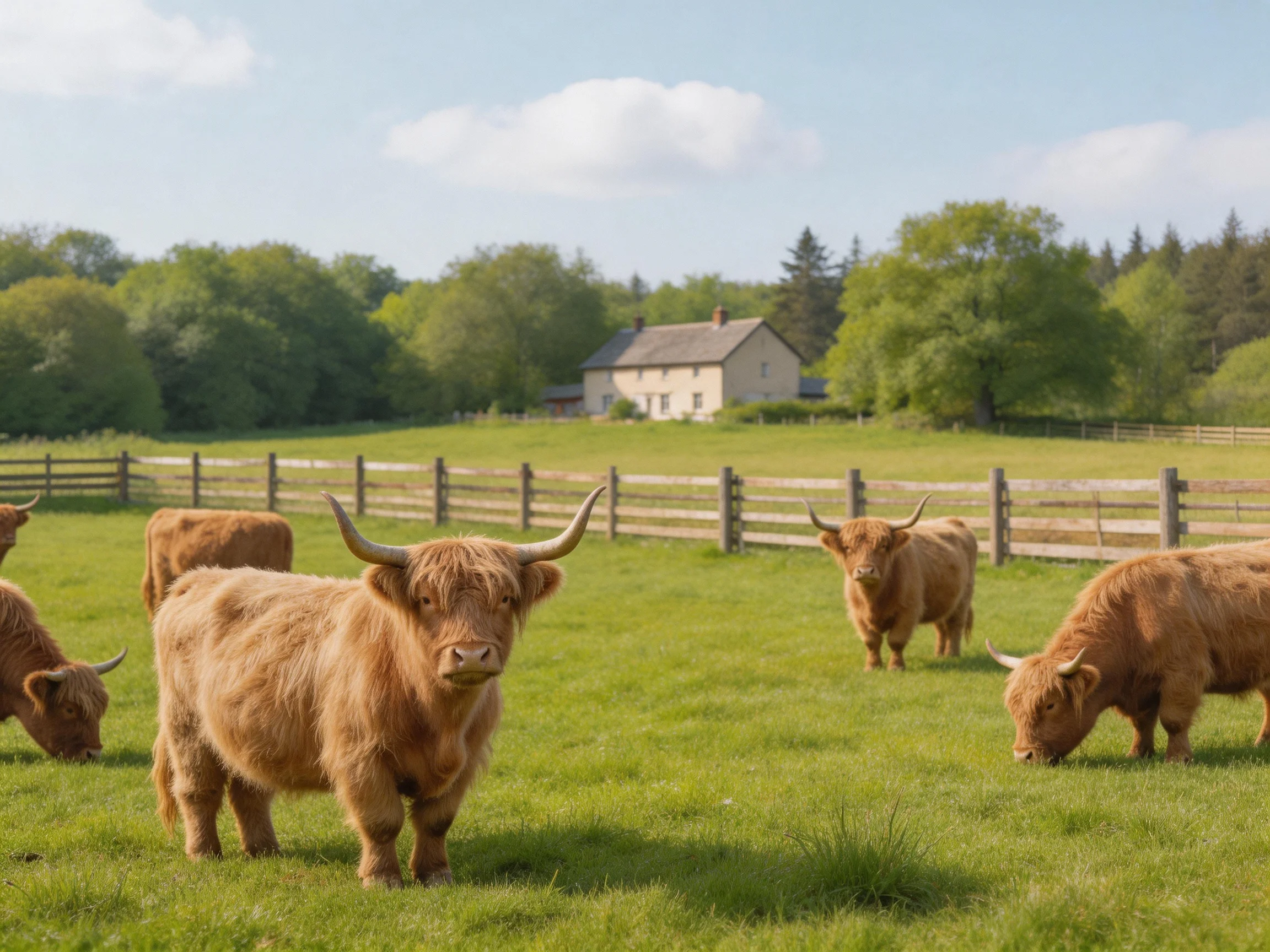 Six brown Highland cattle graze in a lush green pasture with a wooden fence