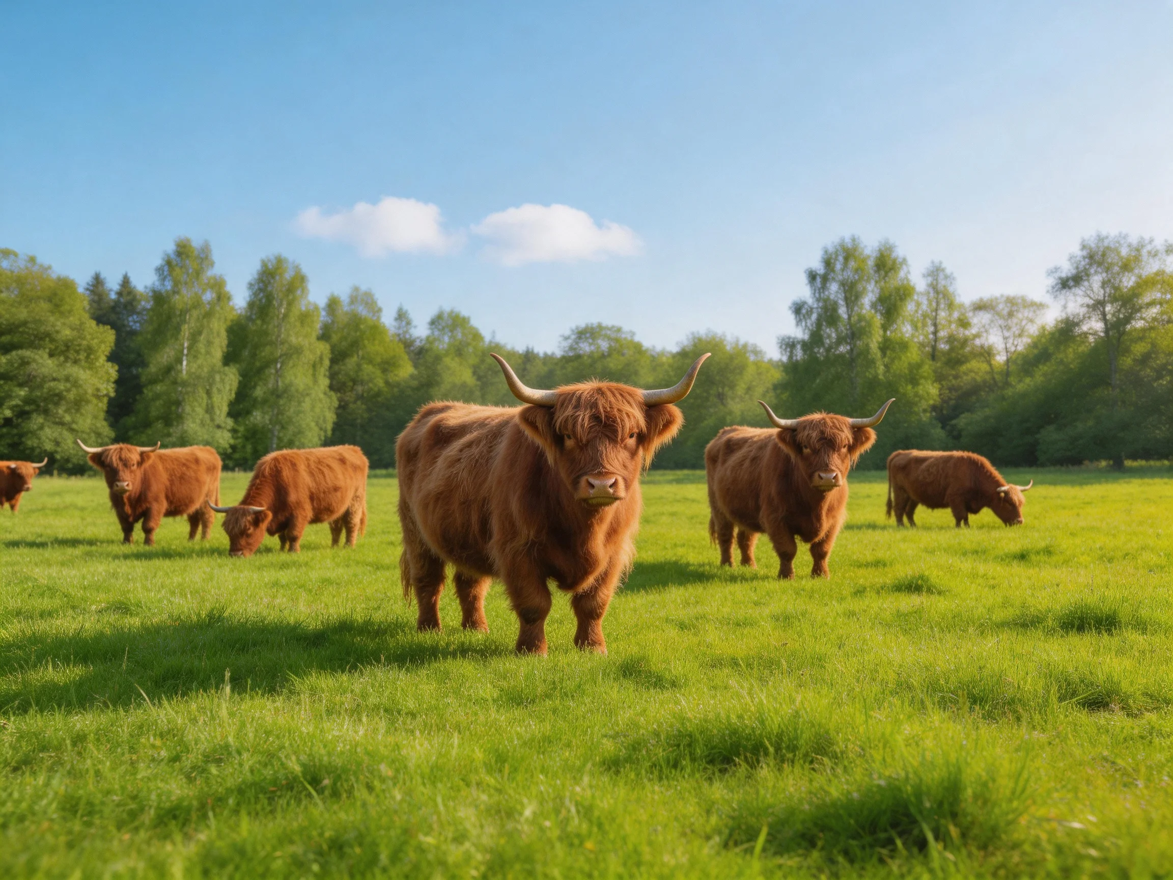 Six brown Highland cattle graze in a sun-drenched green pasture