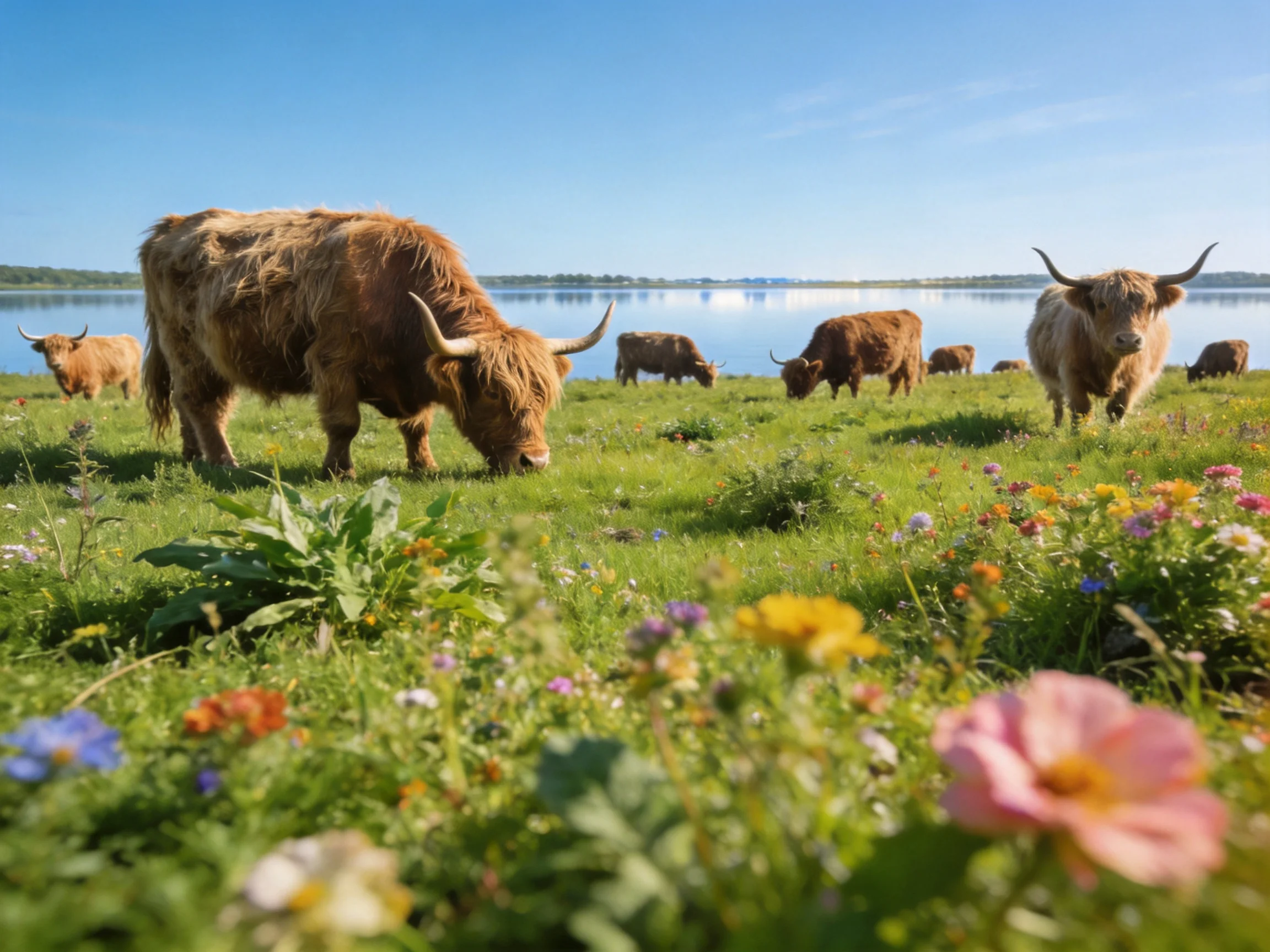 Six brown Highland cattle graze near colorful wildflowers by a calm lake