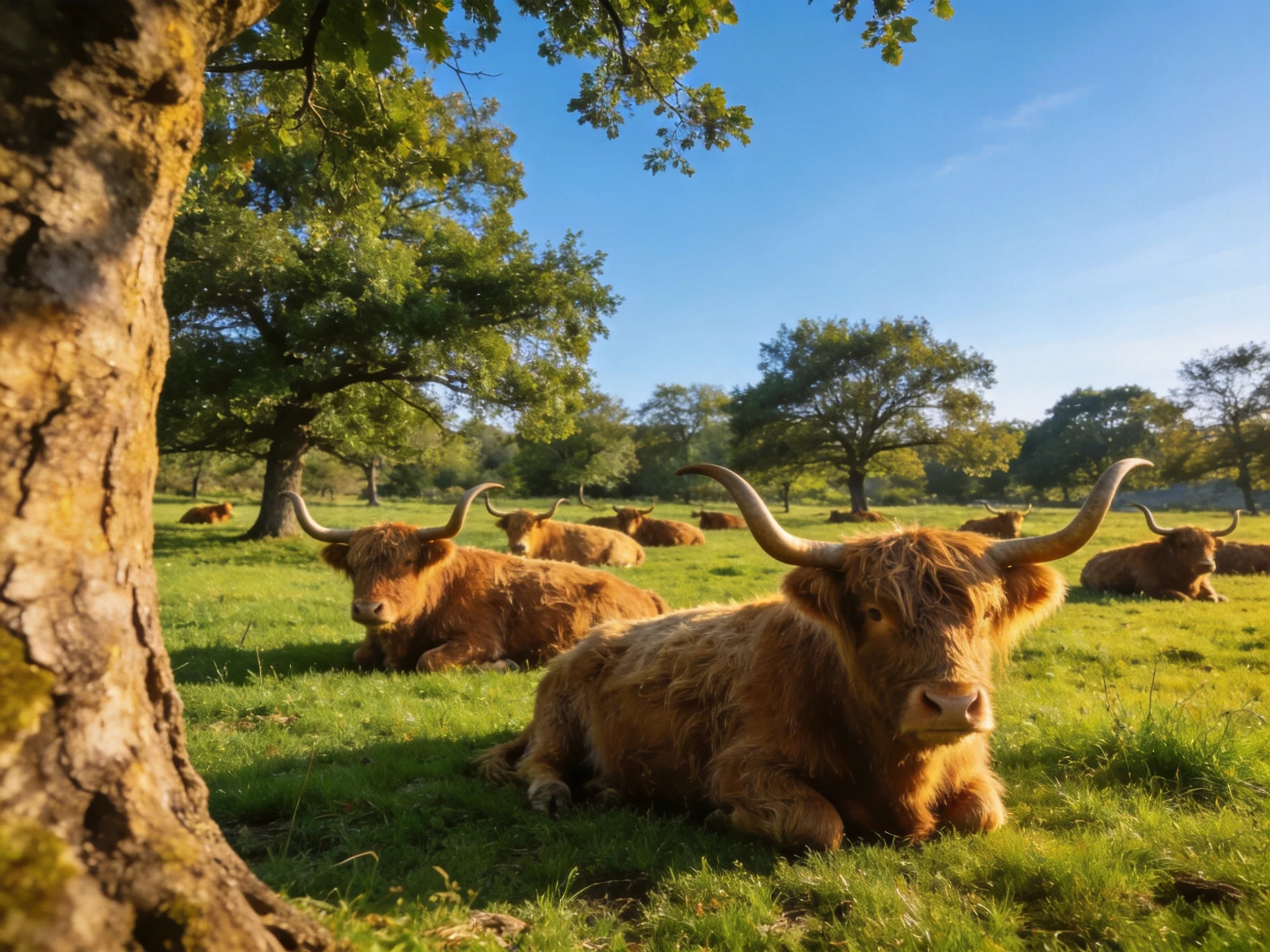 Six brown Highland cattle rest in a sunlit green meadow near tall trees