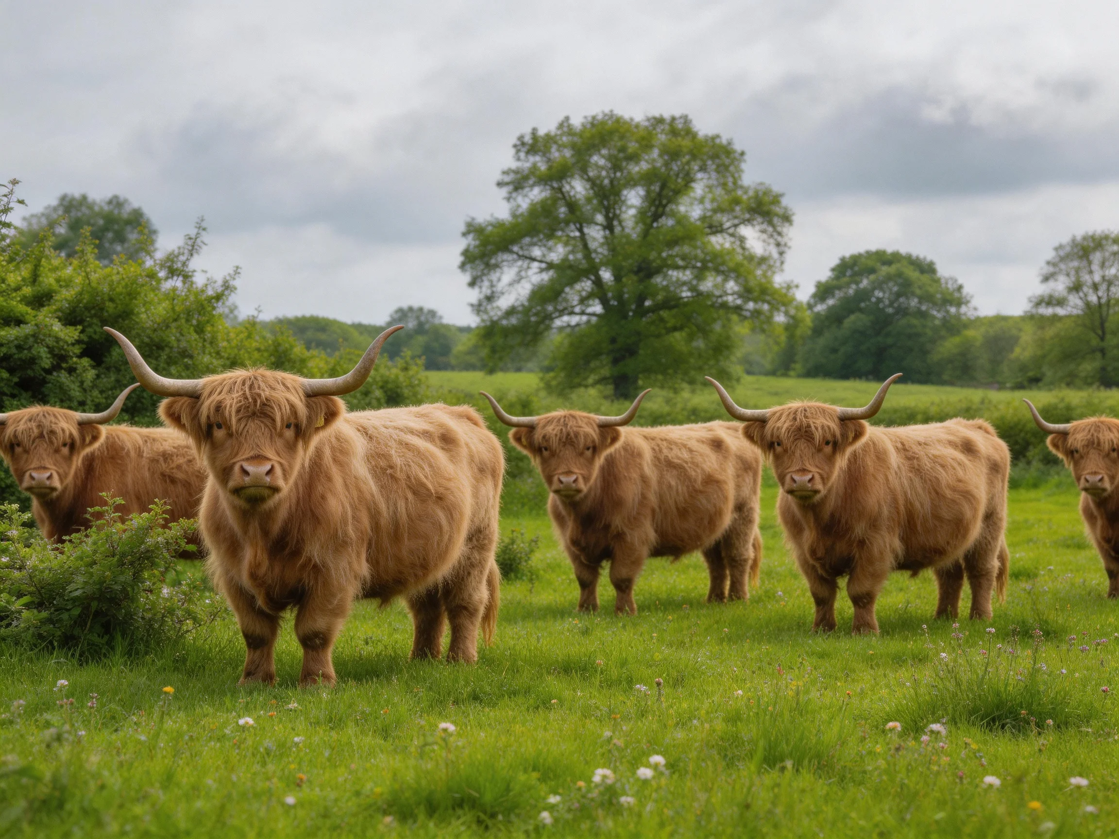 Six brown Highland cattle stand in a lush green pasture