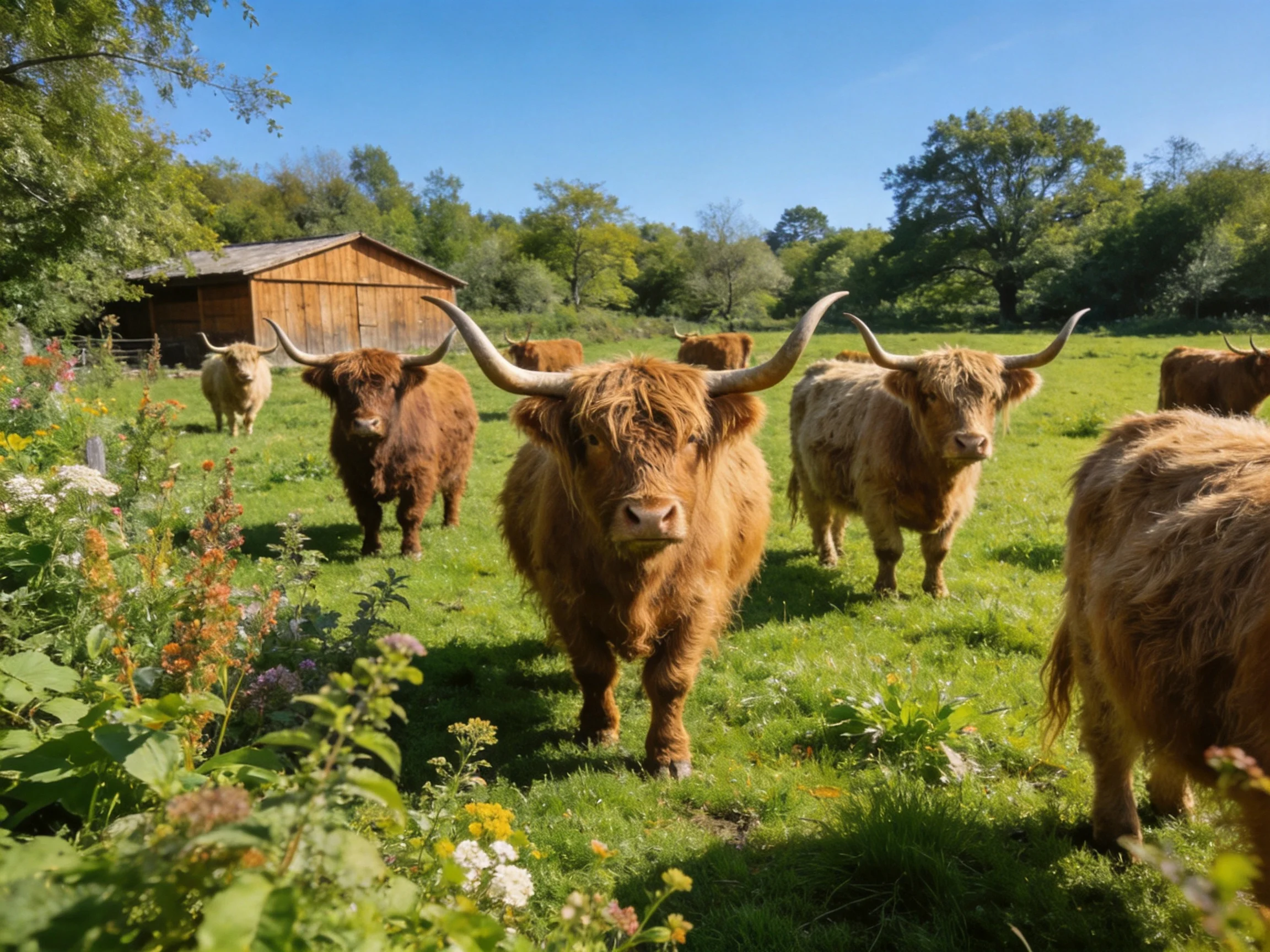 Six Highland cows are in a meadow with a wooden barn
