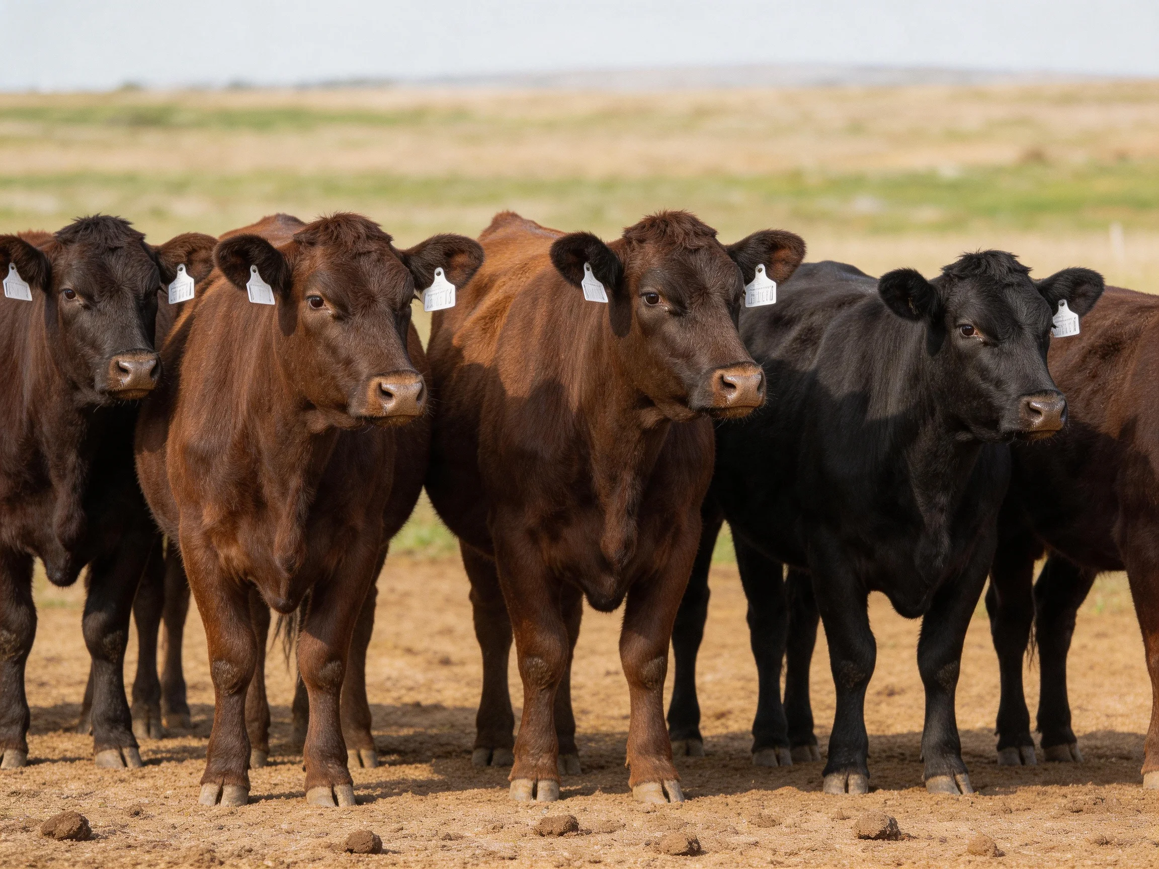 Six brown and black cattle gather in a rural