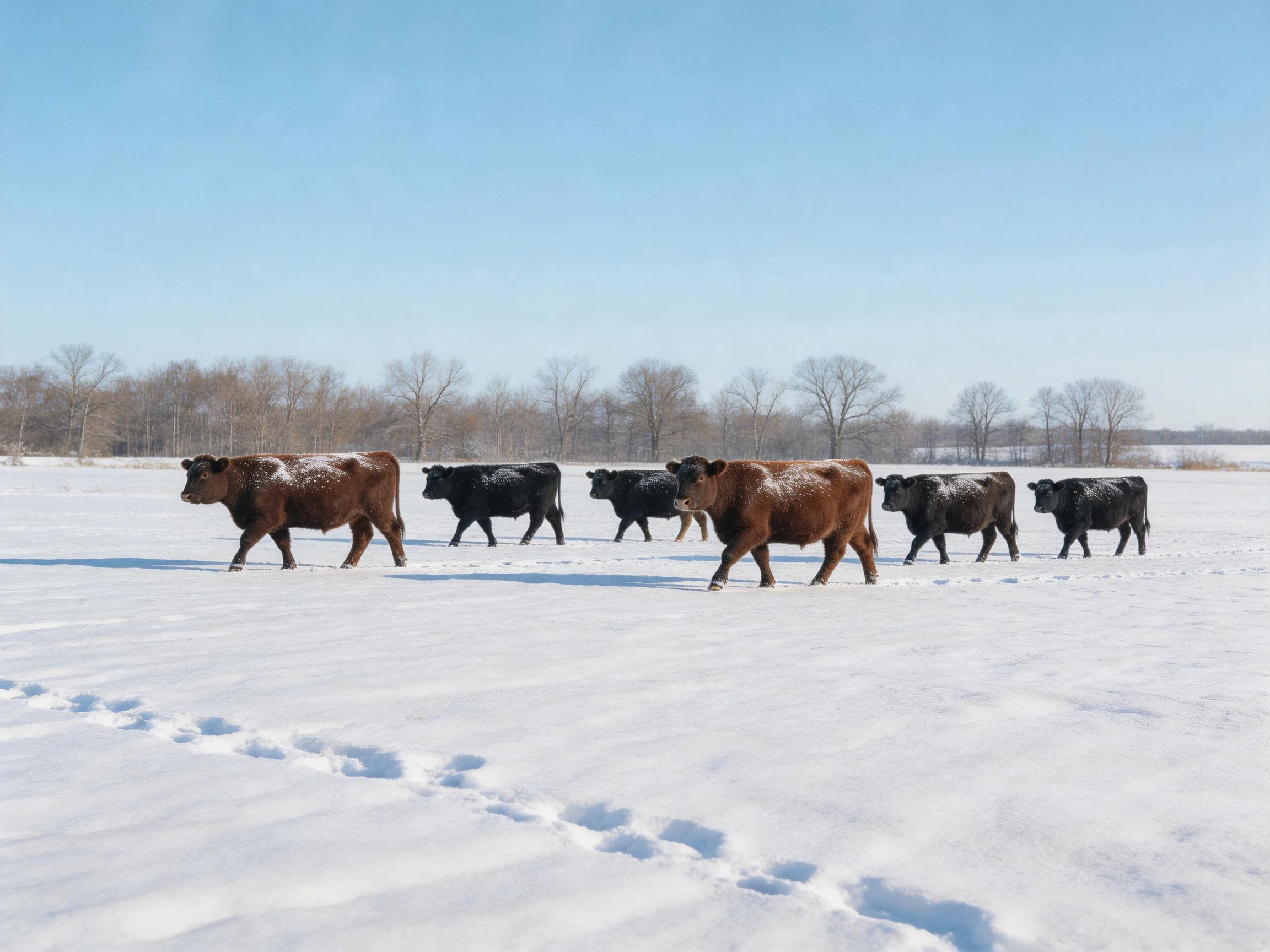 Six brown and black cows traverse a vast snowy field under clear blue sky