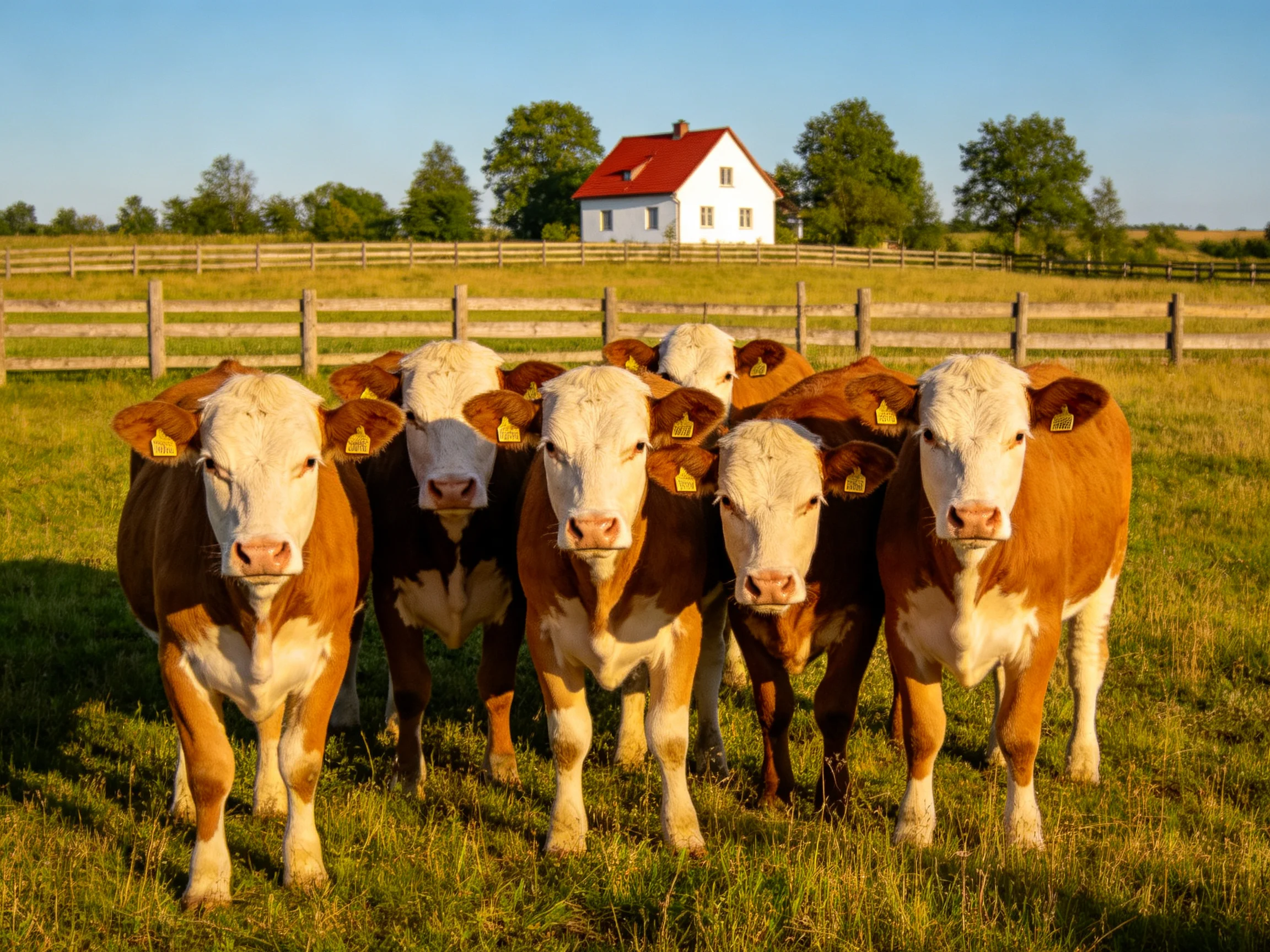 Six brown-and-white calves gather near a white farmhouse with a red roof